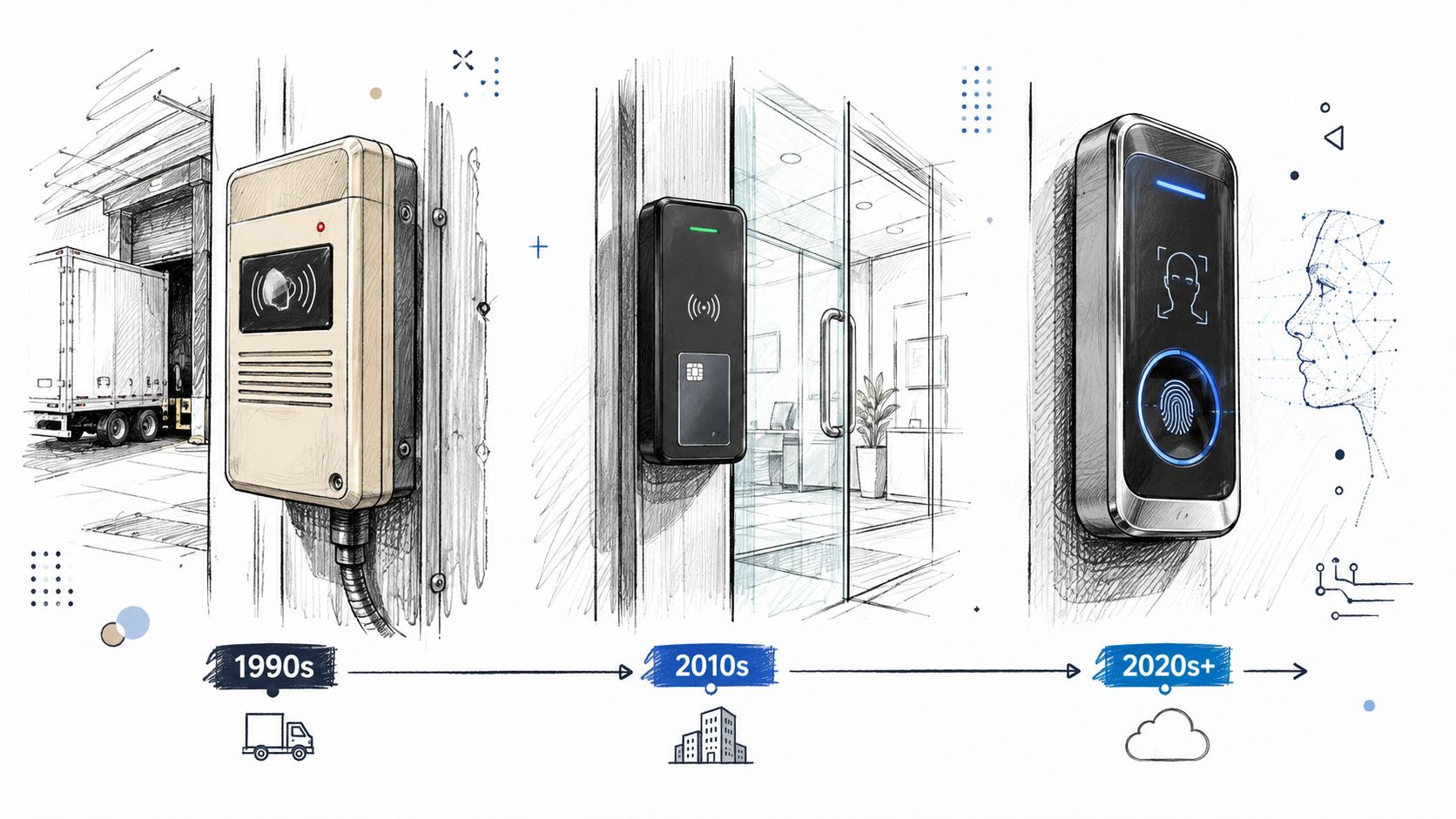 An illustration showing the evolution of access control technology from 1990s keycards to 2020s biometric facial recognition.