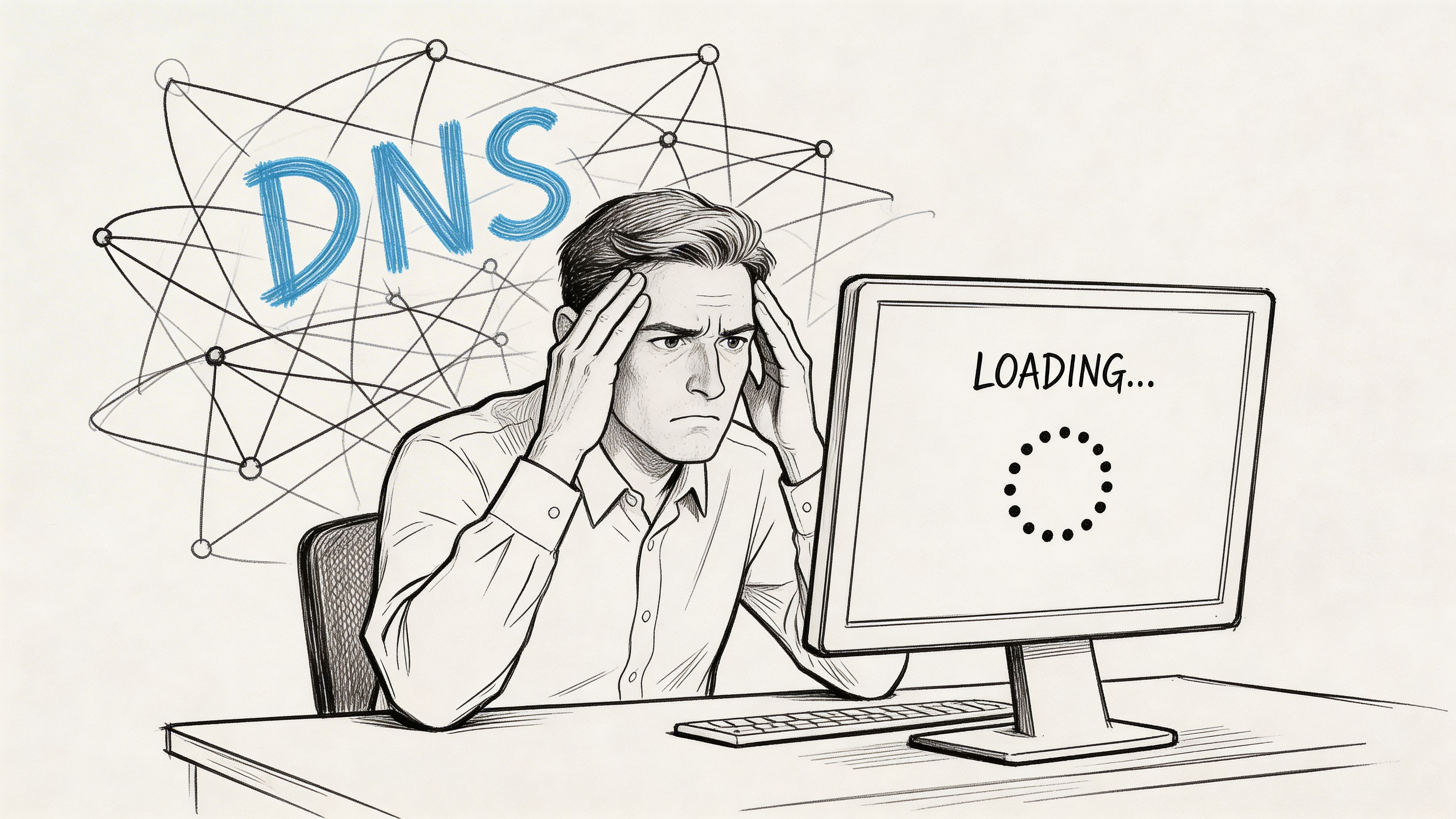 A frustrated man sits at a computer desk staring at a screen showing a loading symbol.