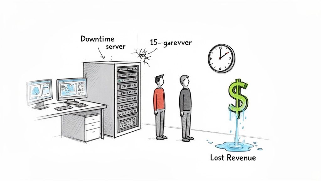 Illustration of a broken server, two people, a clock, and a melting dollar sign representing lost revenue due to downtime.
