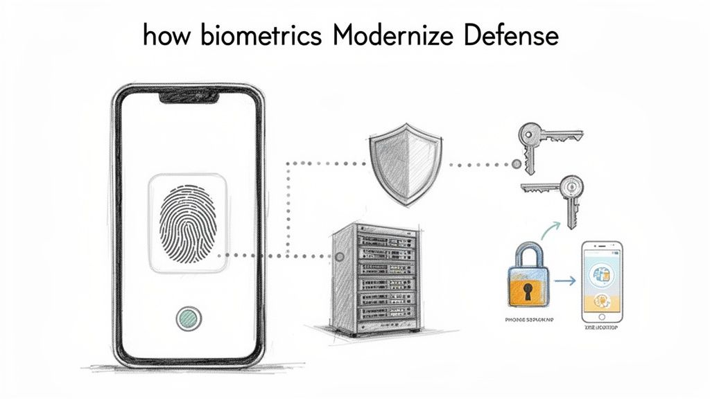 Conceptual diagram shows smartphone fingerprint biometrics for modernizing defense security, connecting to server and unlocking access.