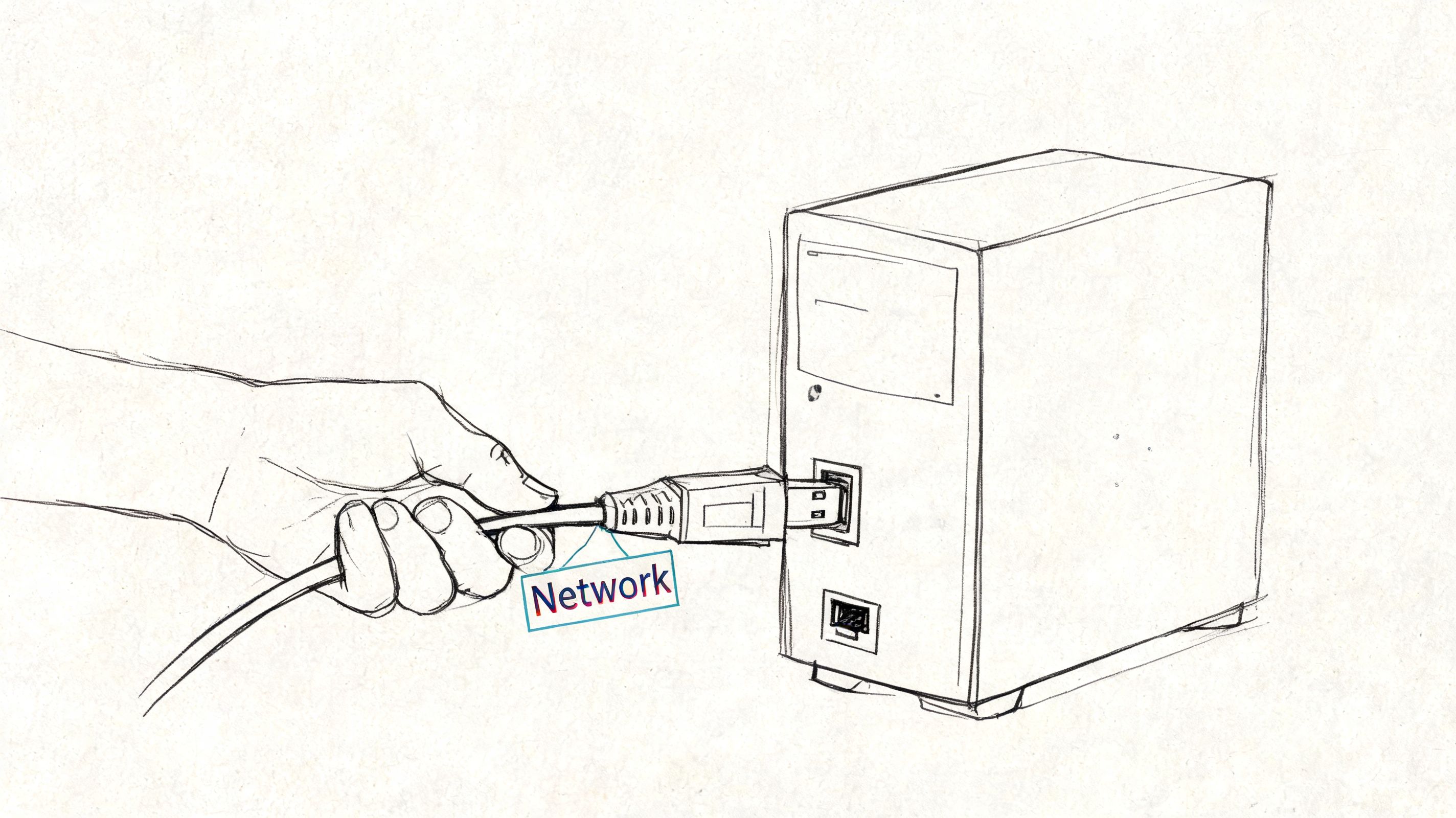 A hand holding a network cable, prepared to be plugged into the port of a computer.