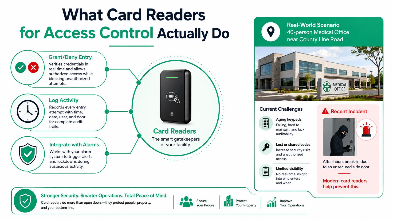 An infographic explaining how modern card readers for access control enhance facility security through monitoring and integration.