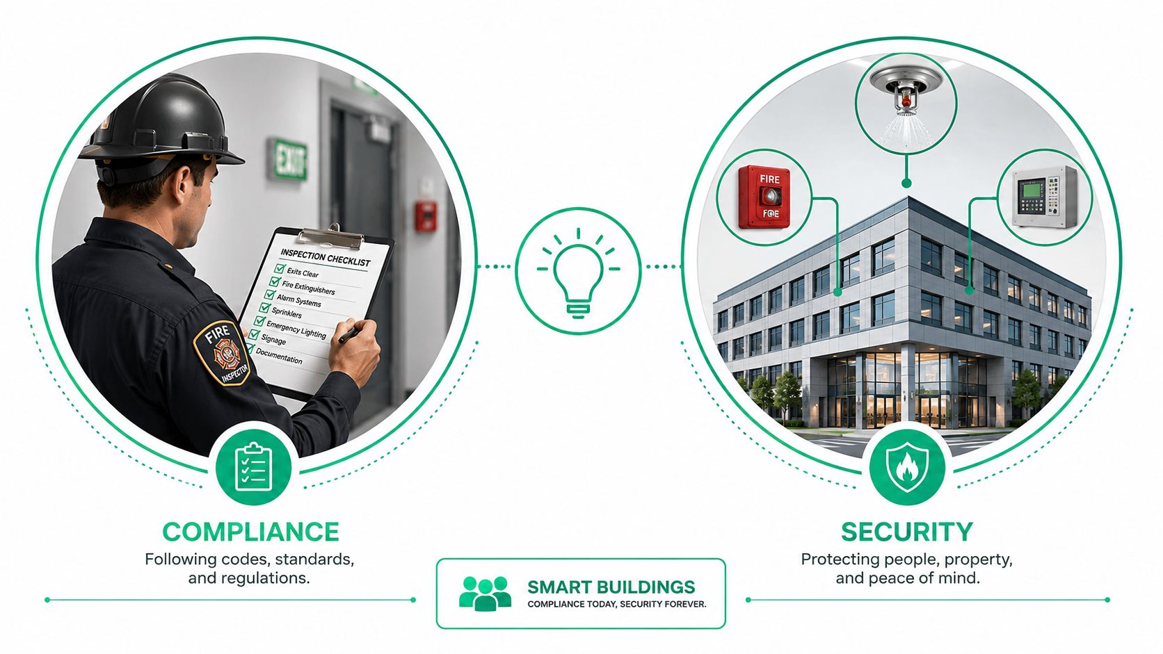 A fire inspector reviews a checklist next to a smart building with integrated fire safety systems.