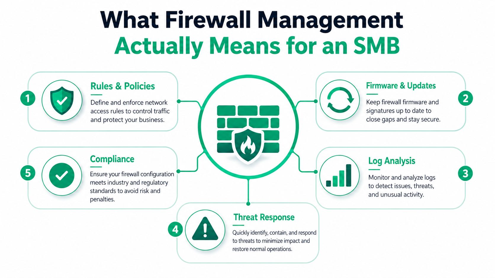 A diagram illustrating the five essential components of effective firewall management for small and medium-sized businesses.