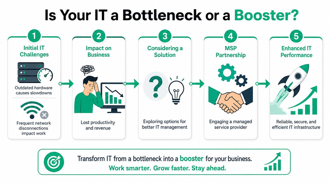 A five-step infographic showing how partnering with an MSP transforms IT bottlenecks into business boosters.