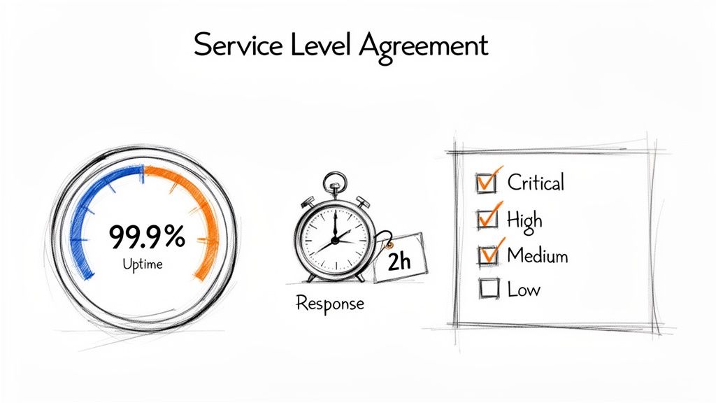 Infographic showing Service Level Agreement (SLA) metrics: 99.9% uptime, 2-hour response, and issue prioritization.