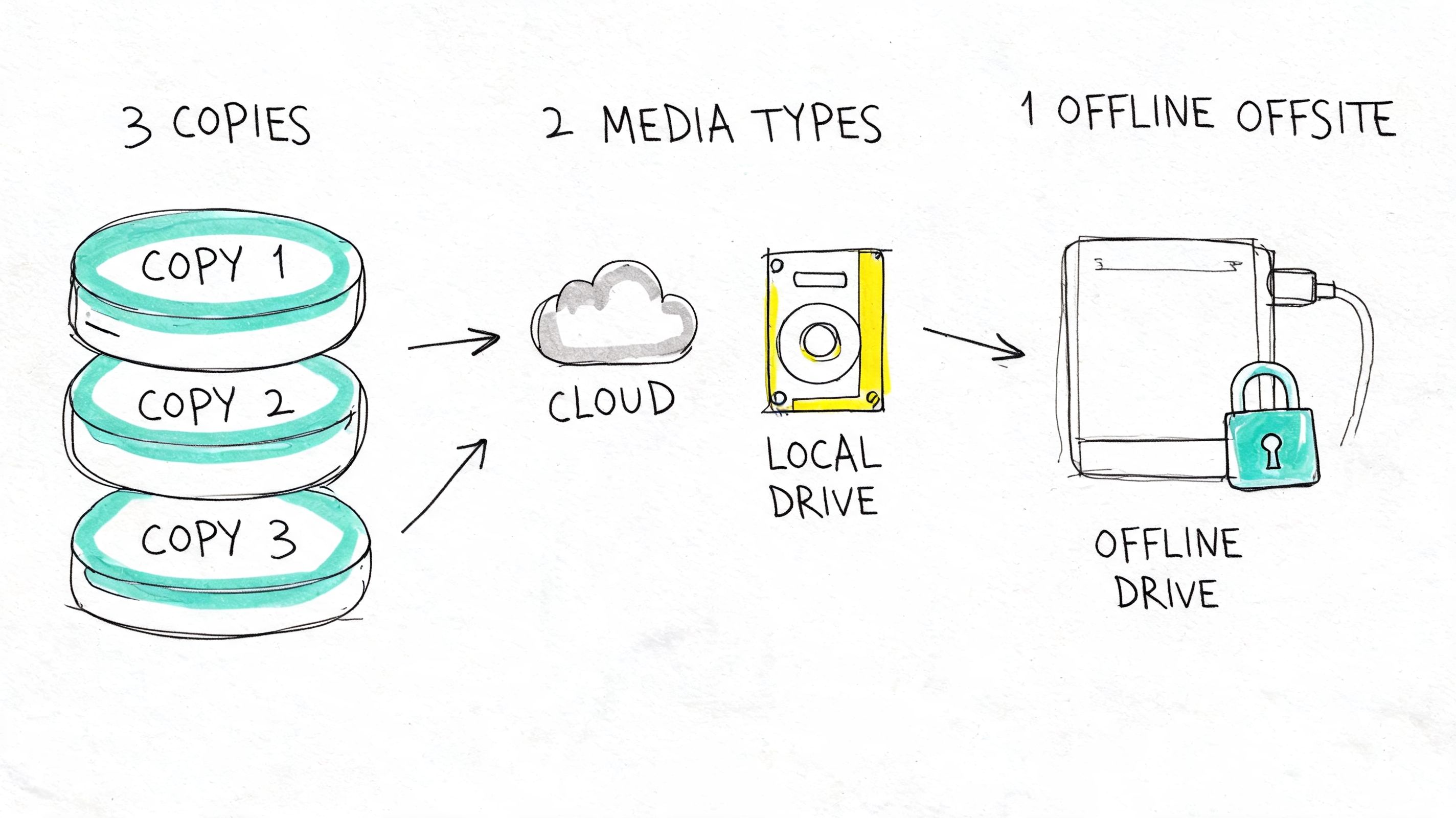 A diagram illustrating the 3-2-1 backup strategy using three copies, two media types, and one offline offsite drive.