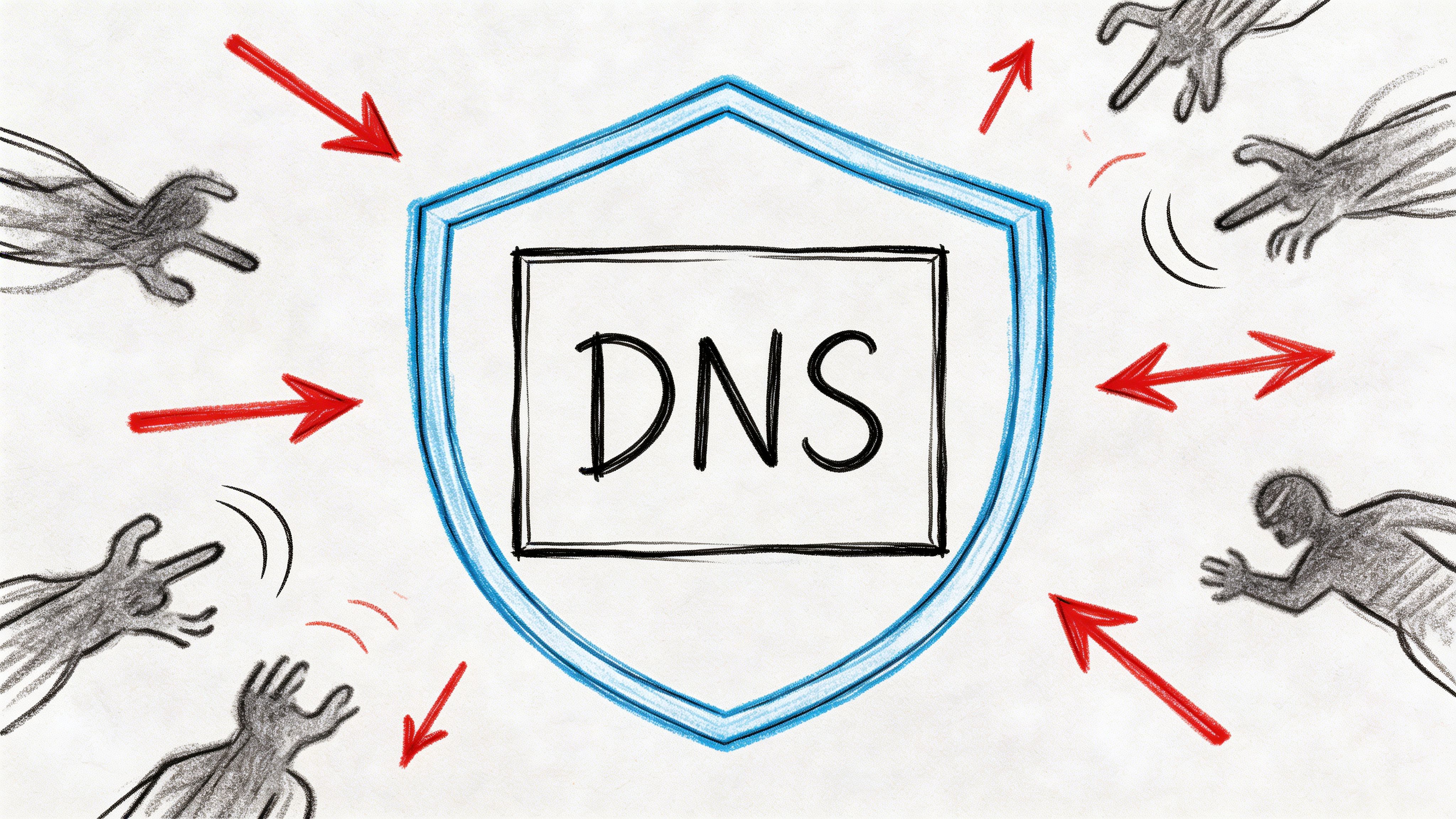 A conceptual illustration of a DNS shield protecting against various cyber security threats and malicious attacks.