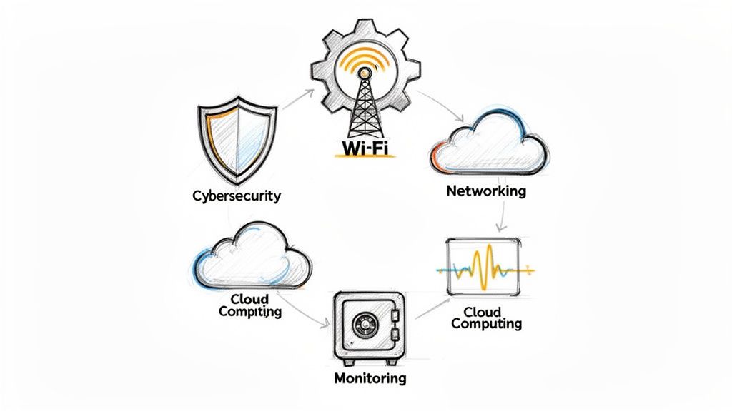 A diagram illustrates interconnected IT services: Wi-Fi, cybersecurity, networking, cloud computing, and monitoring.
