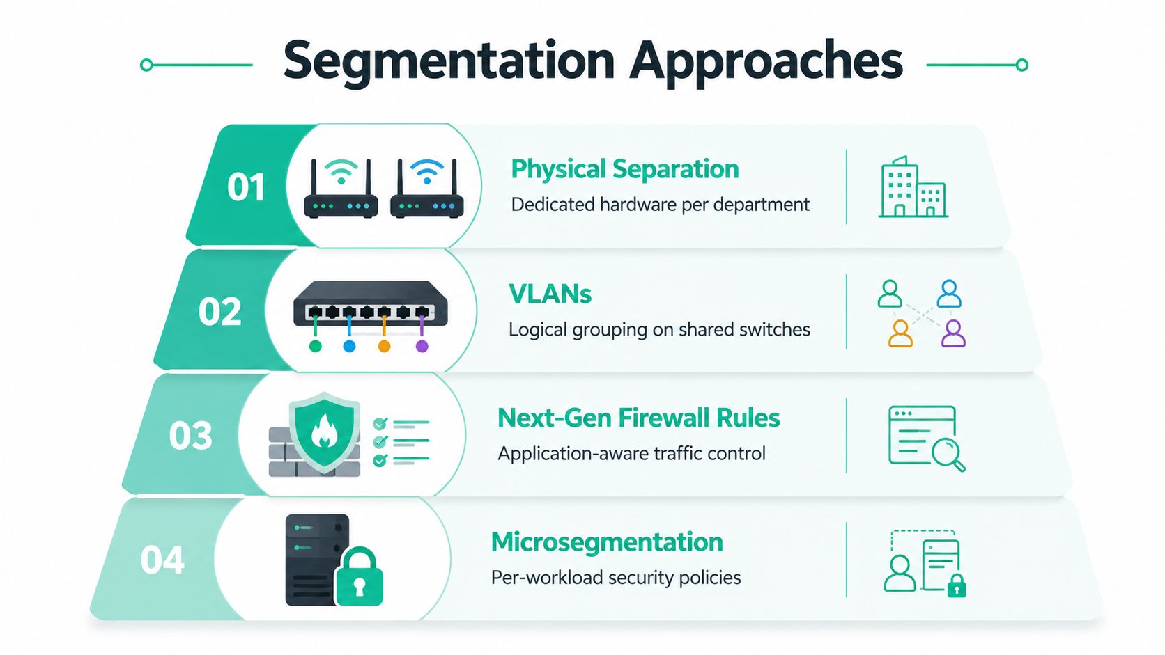An infographic titled Segmentation Approaches showing four levels of network isolation: physical separation, VLANs, firewall rules, and microsegmentation.