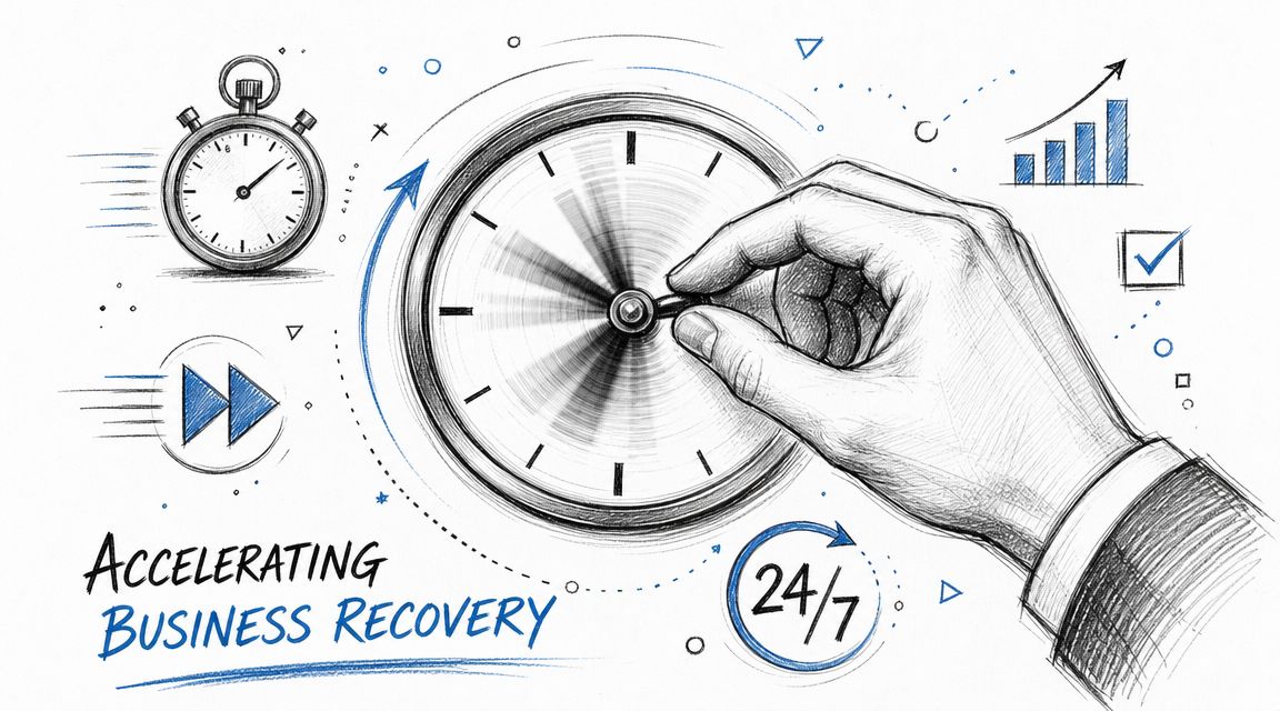 A hand adjusts a clock face representing speed and efficiency for accelerating business recovery processes.