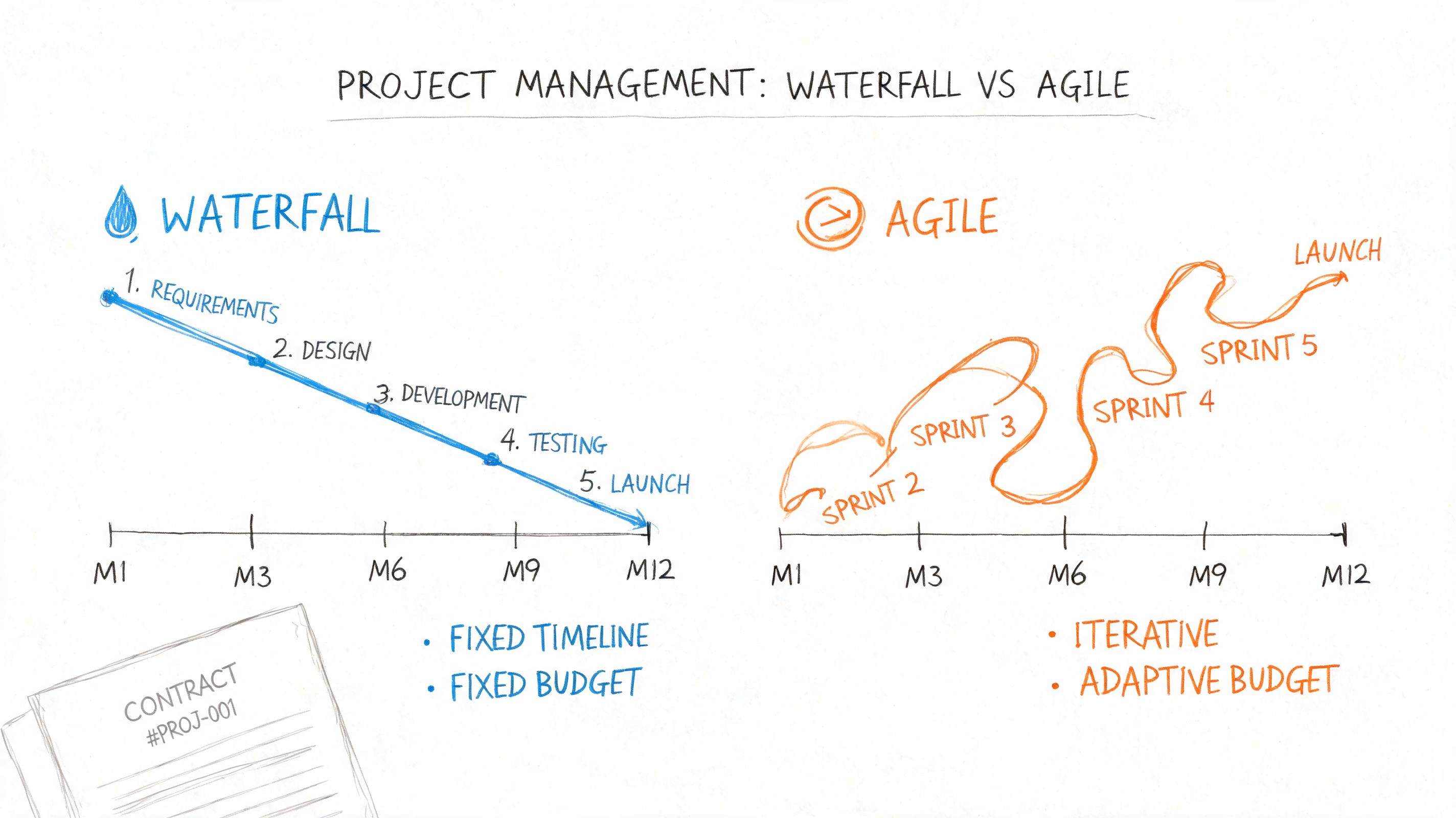 A diagram comparing the linear Waterfall project management process with the iterative Agile project methodology.