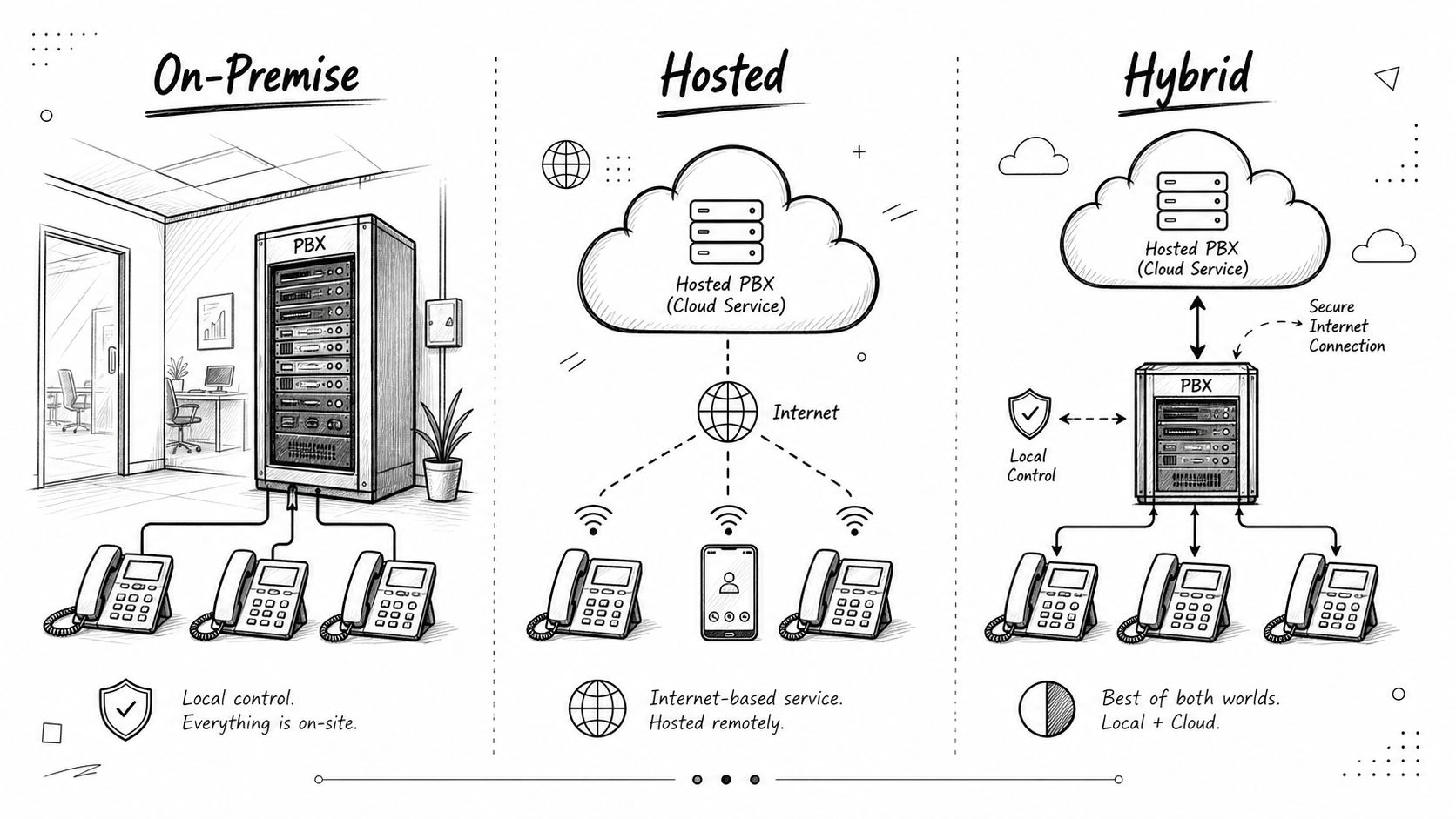 A diagram comparing On-Premise, Hosted, and Hybrid PBX phone systems with their respective architectural setups and benefits.