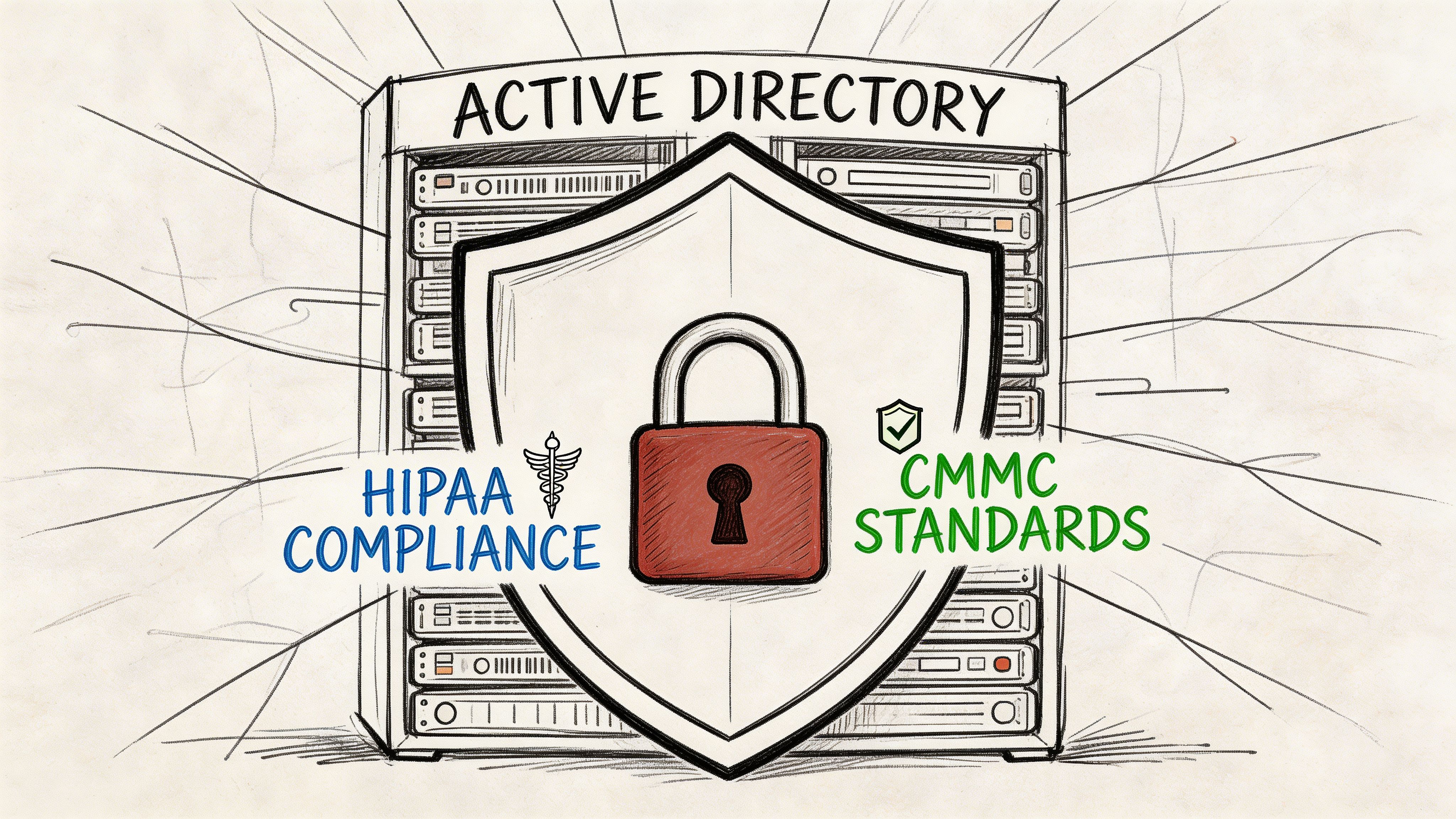 A digital illustration showing a server rack protected by a shield with a padlock, representing compliance standards.