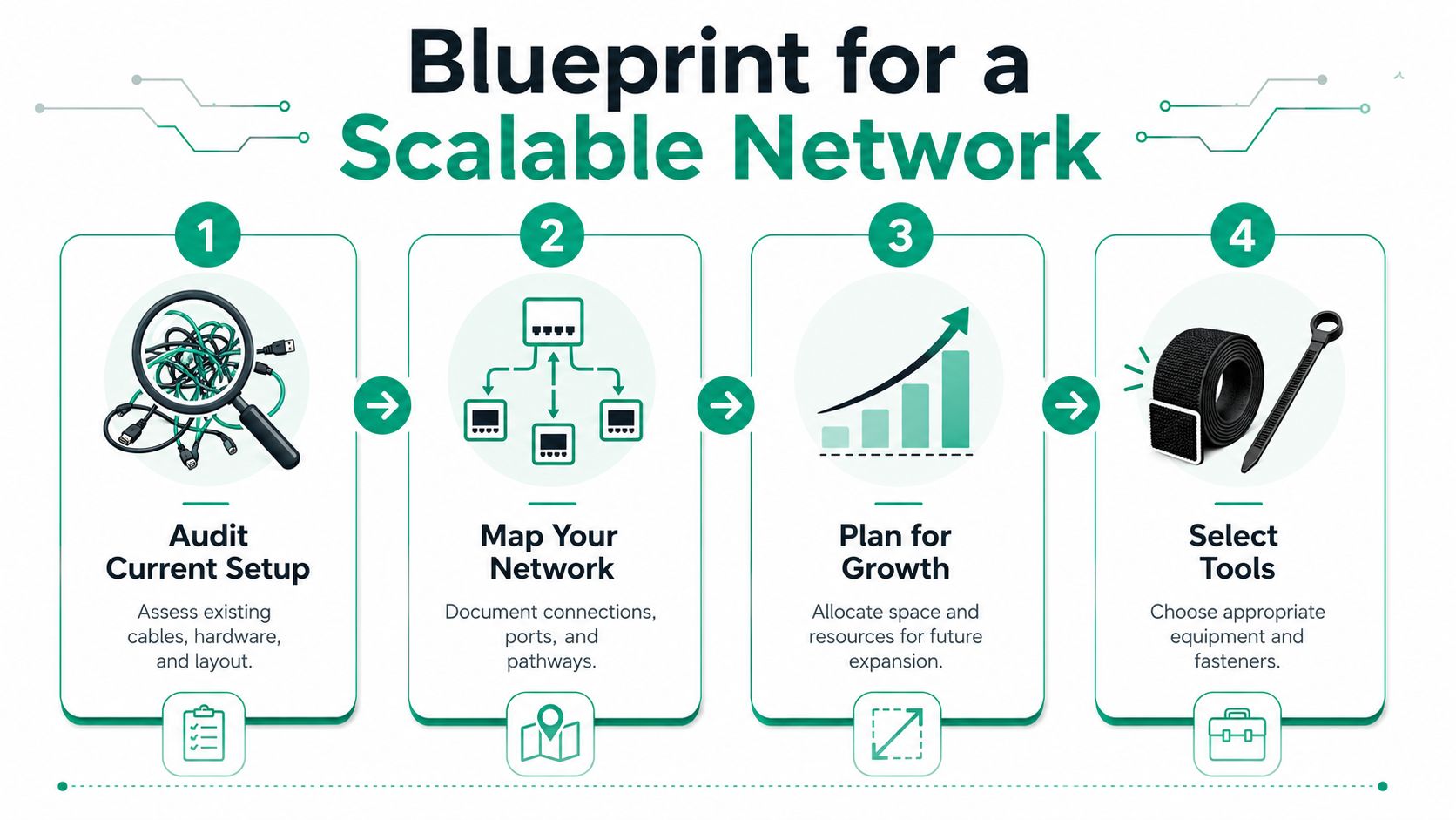 A four-step infographic illustrating a blueprint for a scalable network with icons for planning and management.
