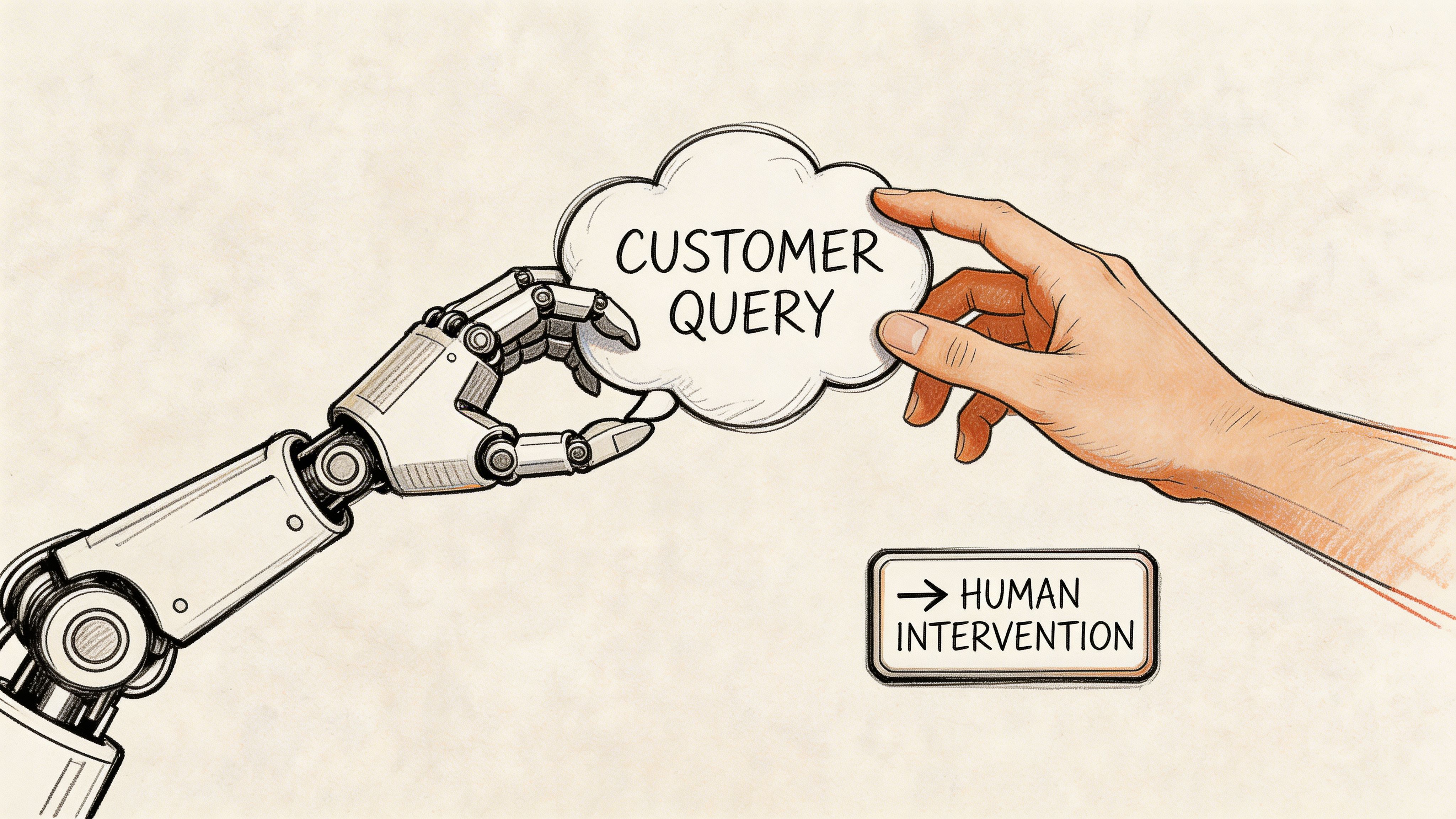A robotic hand and a human hand holding a speech bubble labeled customer query representing human intervention.