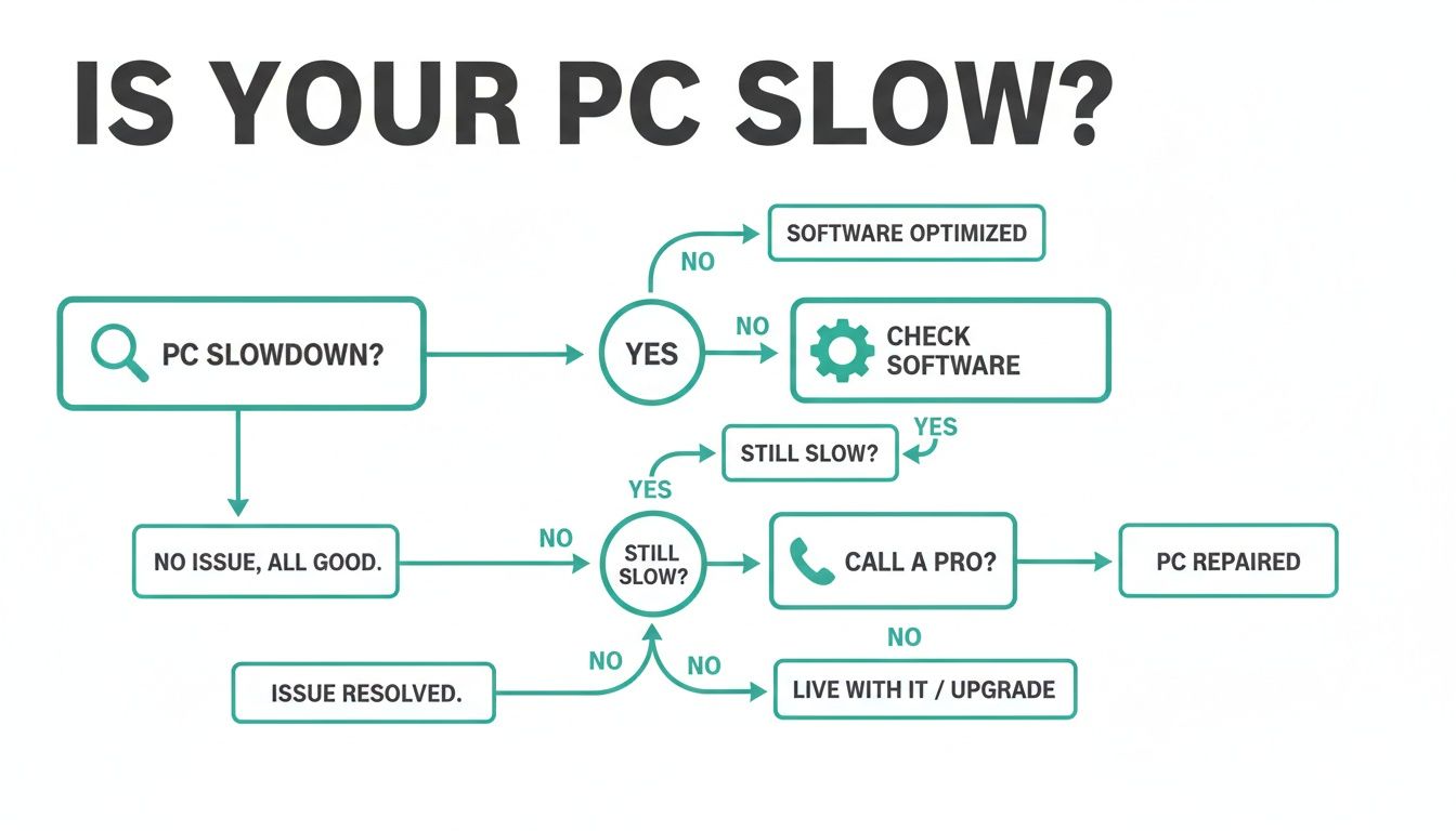 A flowchart outlining steps to diagnose and fix a slow computer, including software optimization and calling a professional.