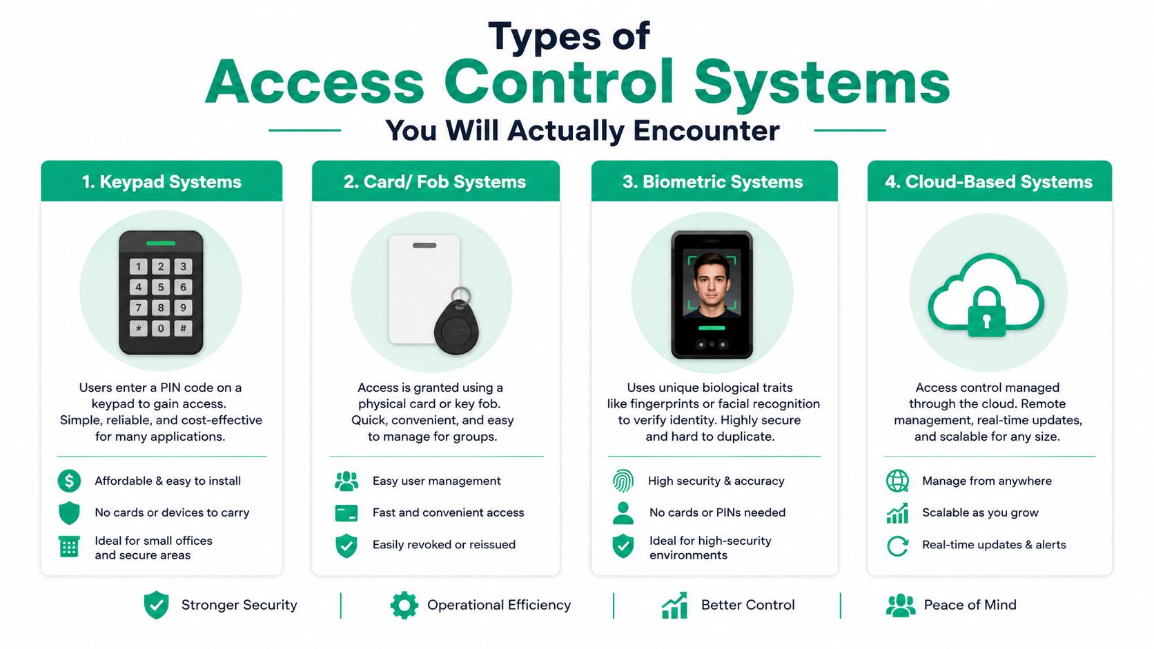 An infographic showing four common types of access control systems including keypads, cards, biometrics, and cloud-based solutions.