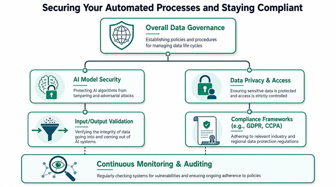 A diagram illustrating the components of securing automated processes and data compliance within AI systems.