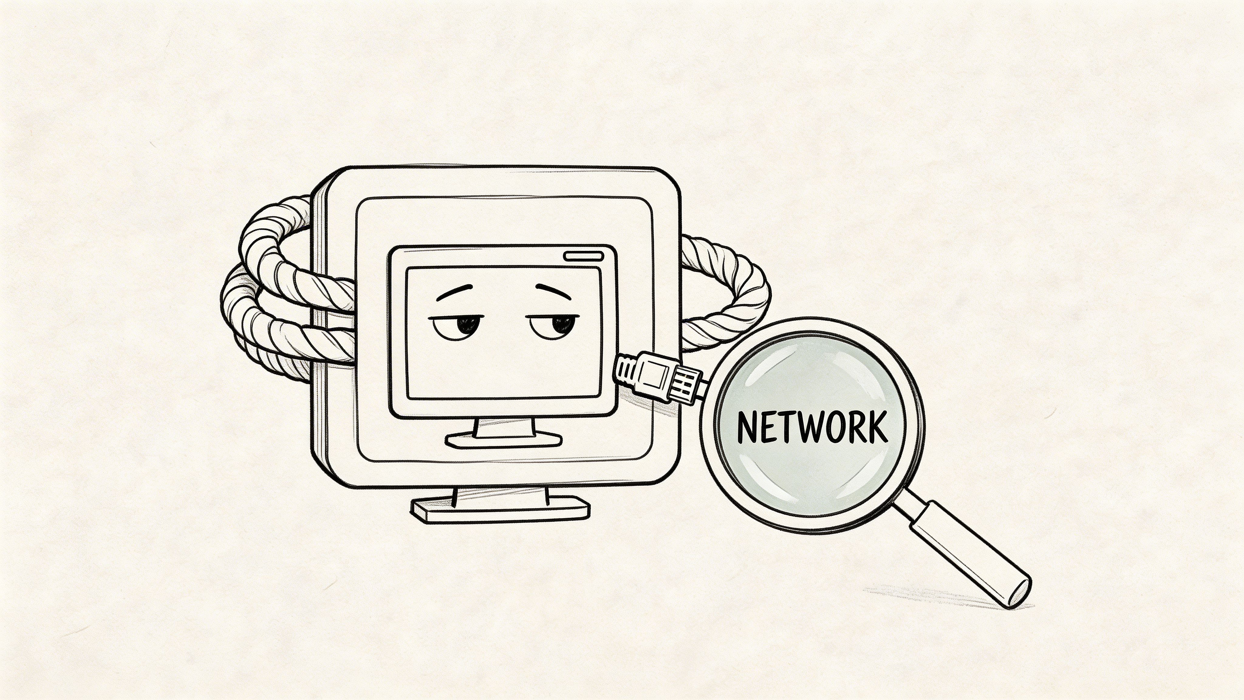 A line drawing of a sad computer monitor tied with rope and being examined by a magnifying glass.
