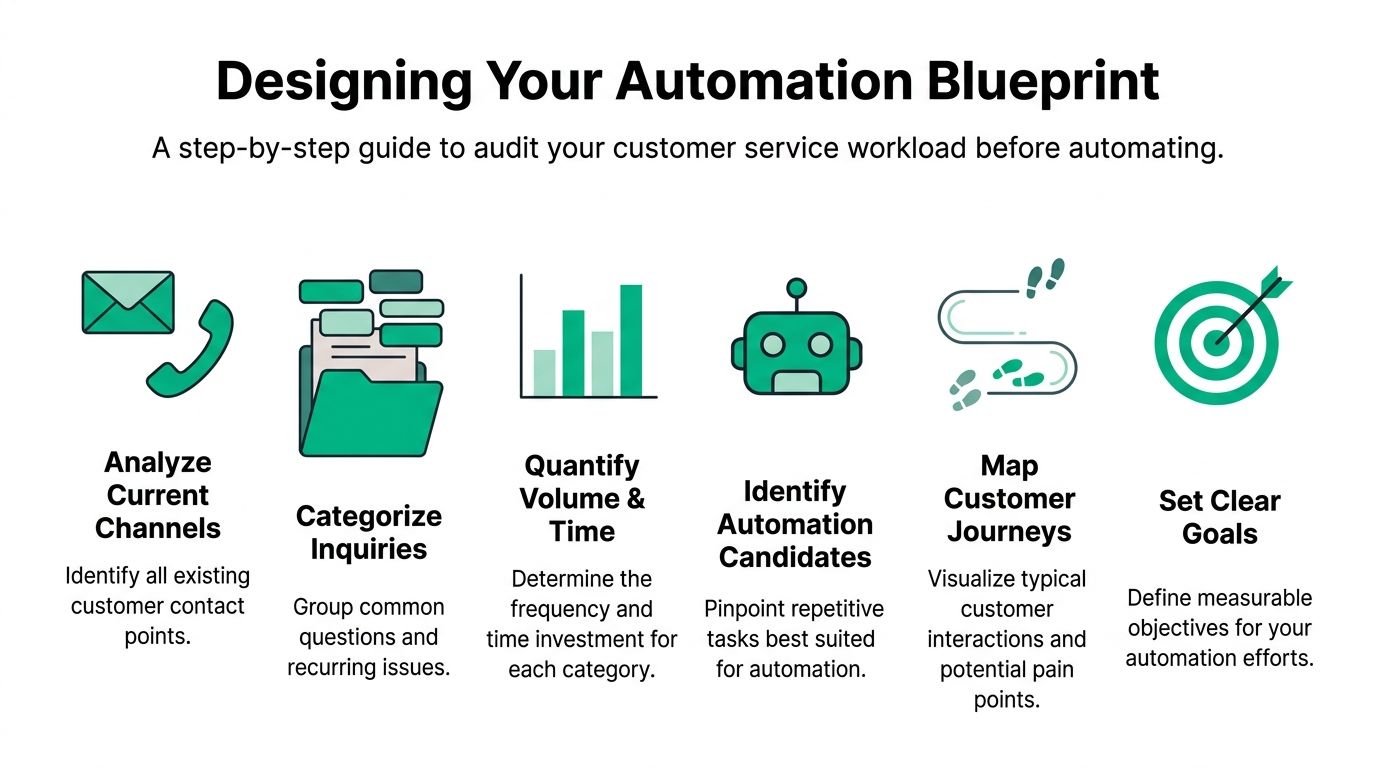A six-step infographic guide titled Designing Your Automation Blueprint for auditing and automating customer service workloads.