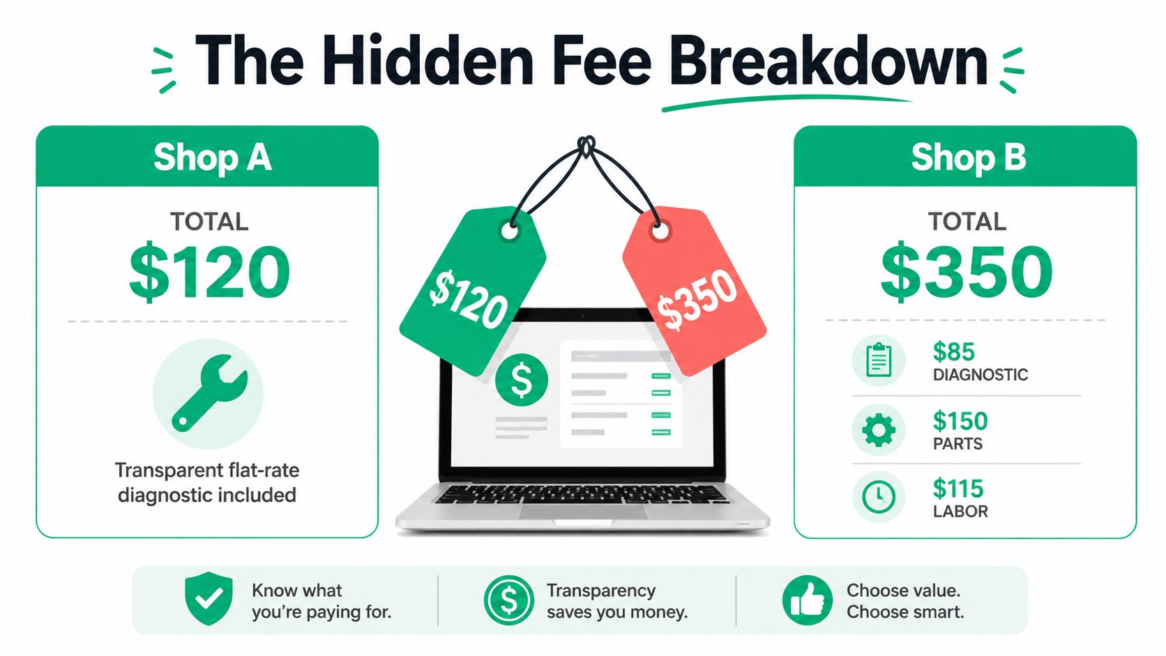 A comparison infographic showing Shop A with flat-rate pricing versus Shop B with itemized hidden repair fees.