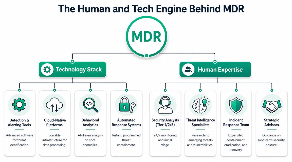 A diagram illustrating the MDR engine, divided into technology stack components and human expertise roles.