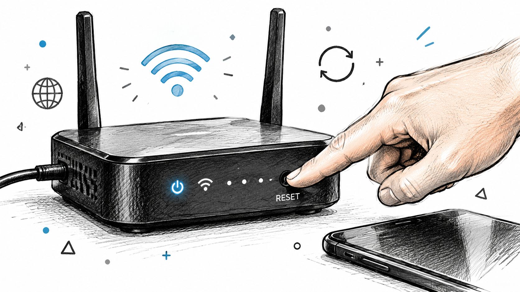 A hand pressing the reset button on a black wireless internet router next to a smartphone.