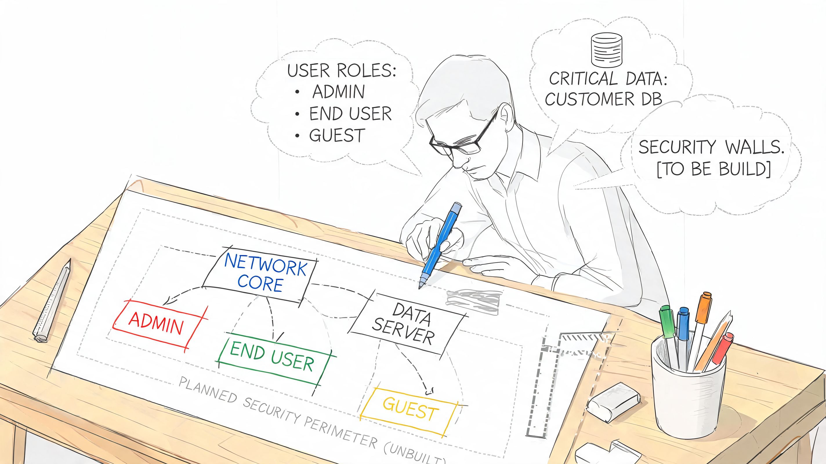 A person drawing a network security plan with user roles and data servers on a desk.