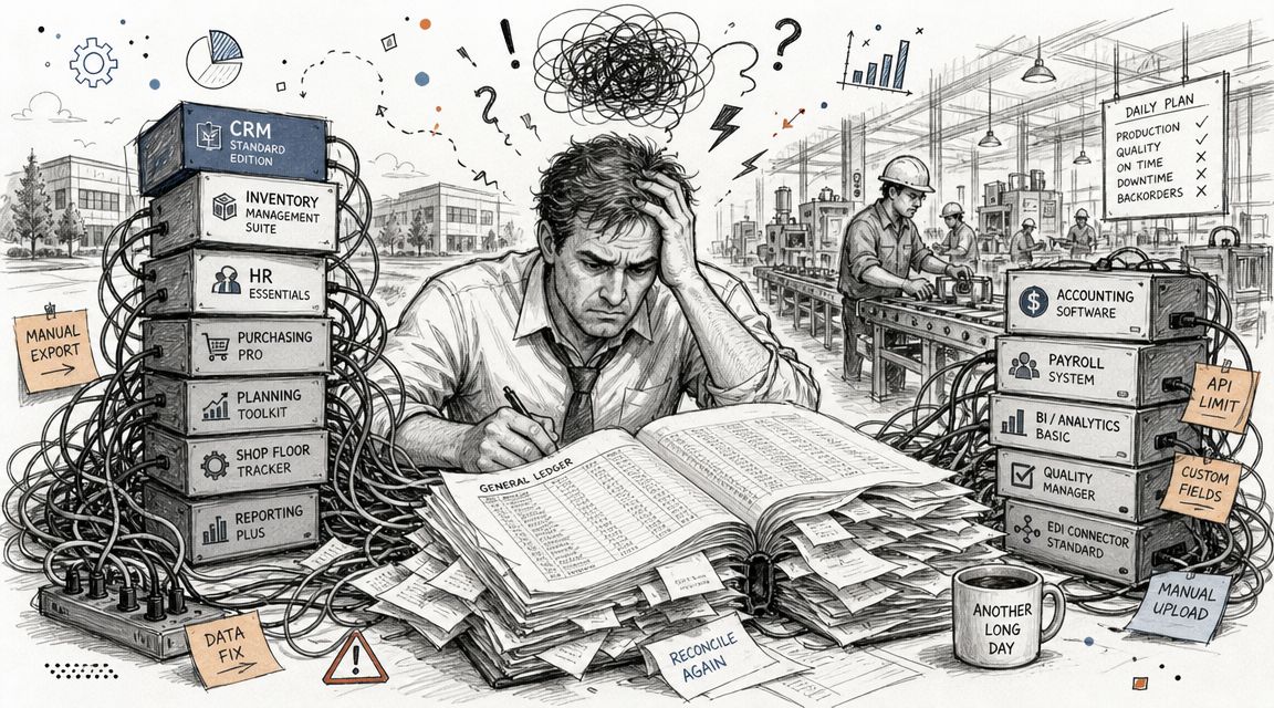 Stressed professional struggling with complex, disjointed software systems and disorganized financial paperwork in an industrial setting.