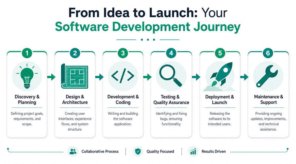 An infographic showing a six-step process for software development from initial discovery to maintenance and support.