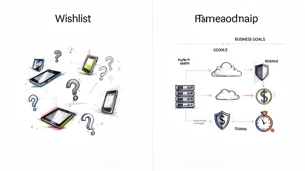 A dual image showing a 'Wishlist' of consumer electronics and a business IT strategy diagram with goals.