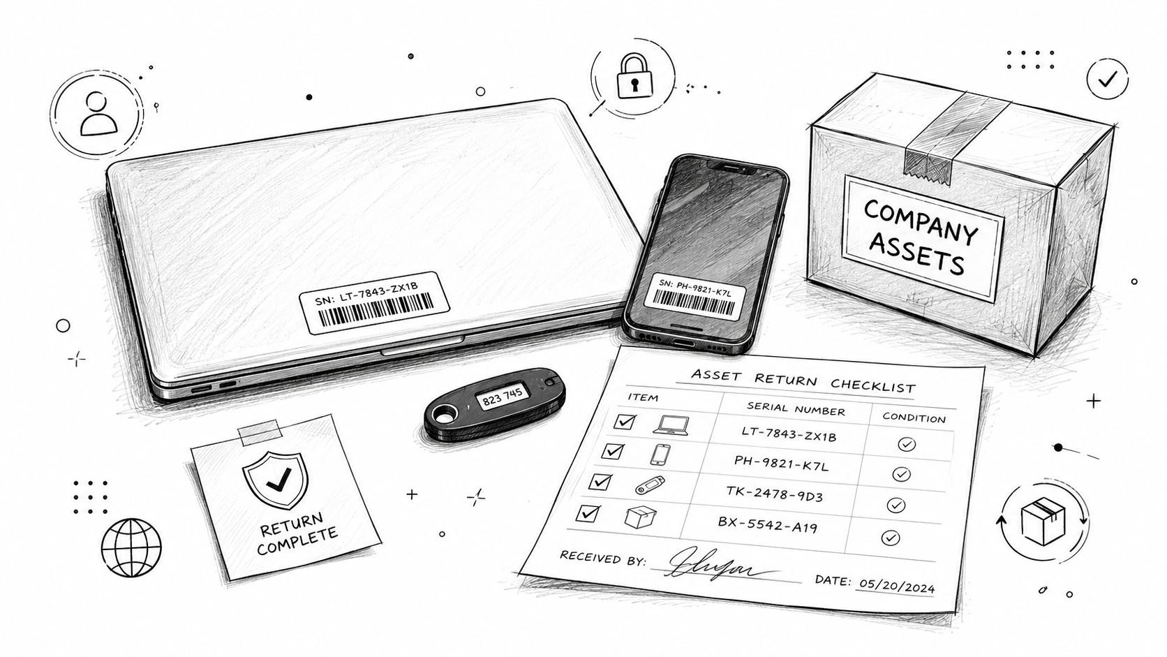 A line art illustration of an employee offboarding asset return checklist with electronics and a cardboard box.