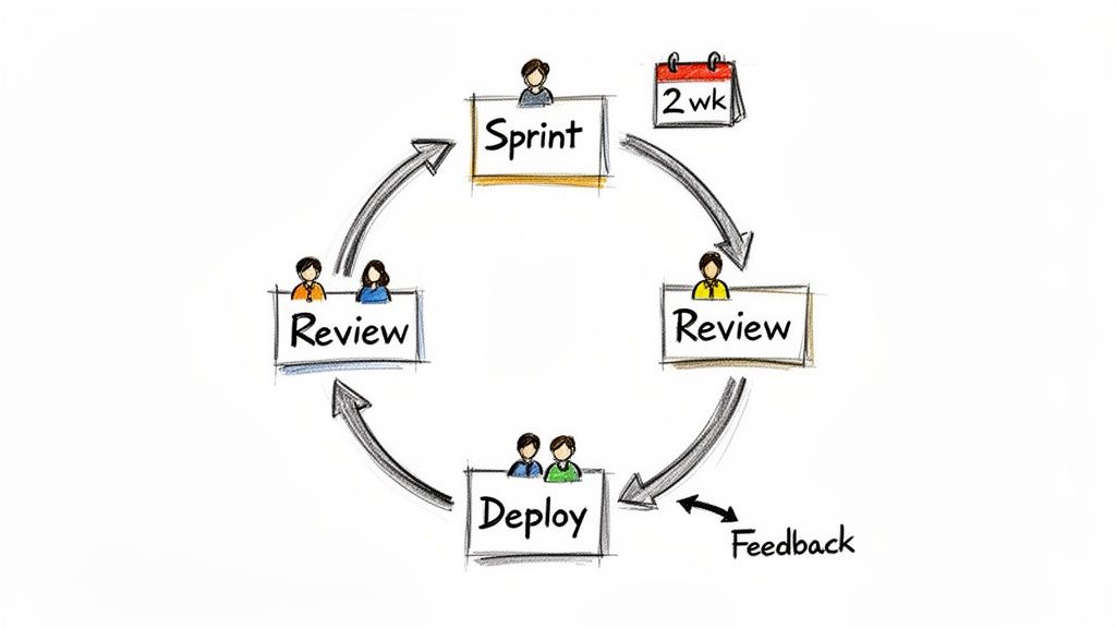 Hand-drawn cycle diagram of agile software development with Sprint, Review, Deploy stages, and a feedback loop.