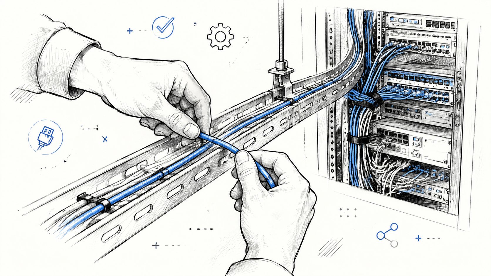 A technician installing and organizing blue networking cables in a data center server rack cable tray.
