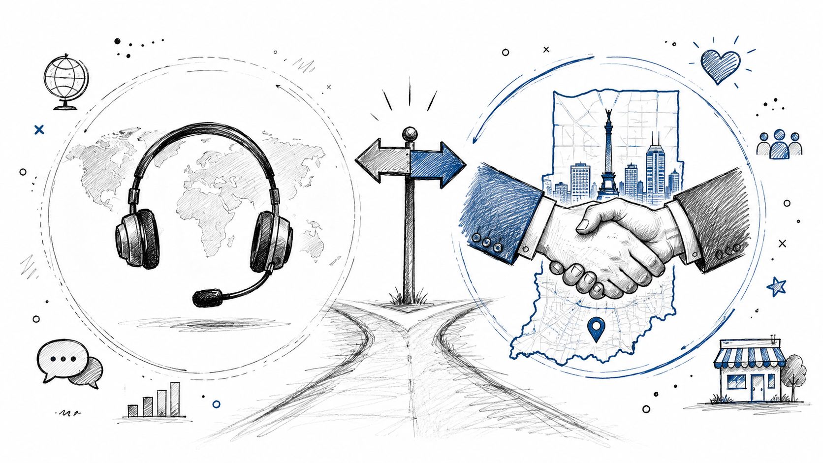 A hand-drawn illustration showing a choice between global remote support and local Indiana-based business partnerships.