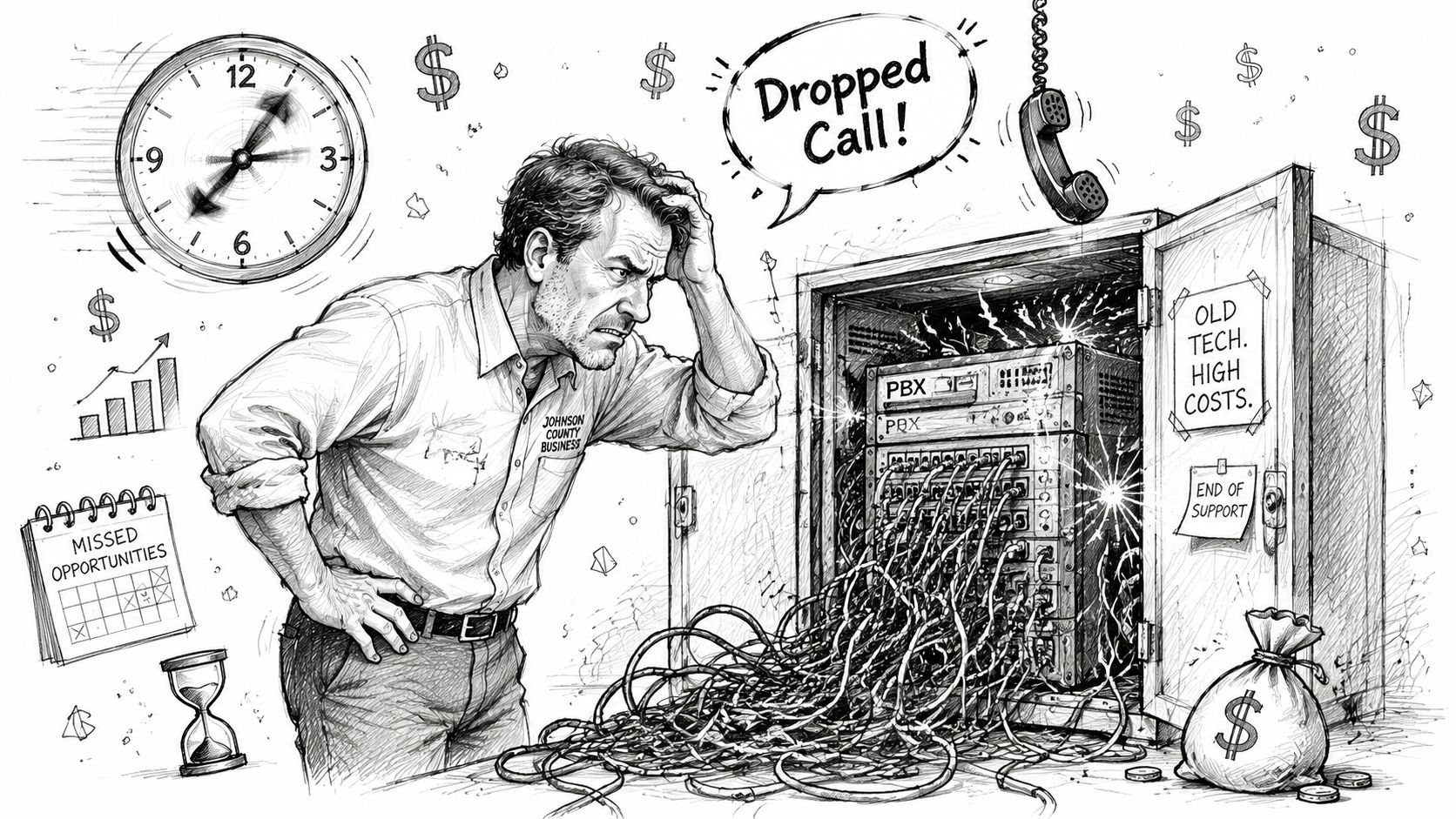 A frustrated businessman looking at a failing PBX server cabinet causing dropped calls and business costs.