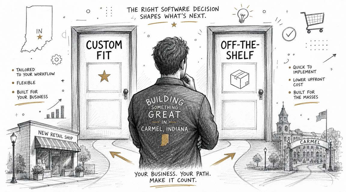 A man standing before two doors labeled Custom Fit and Off-The-Shelf, representing software development choices.