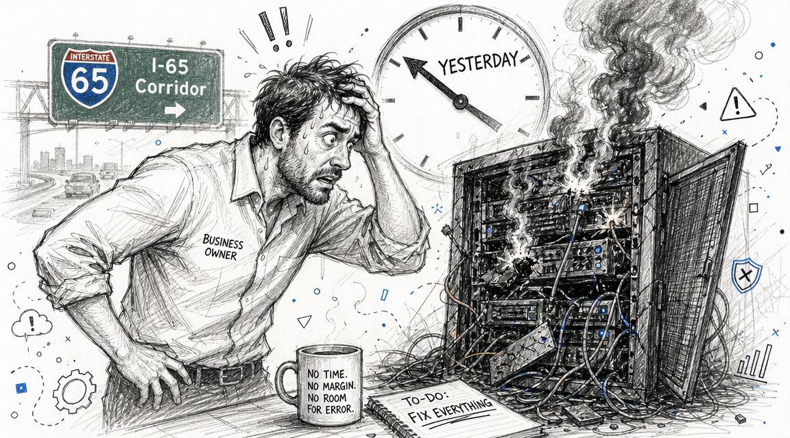 Stressed business owner looking at a smoking, failing server rack with a deadline of yesterday.