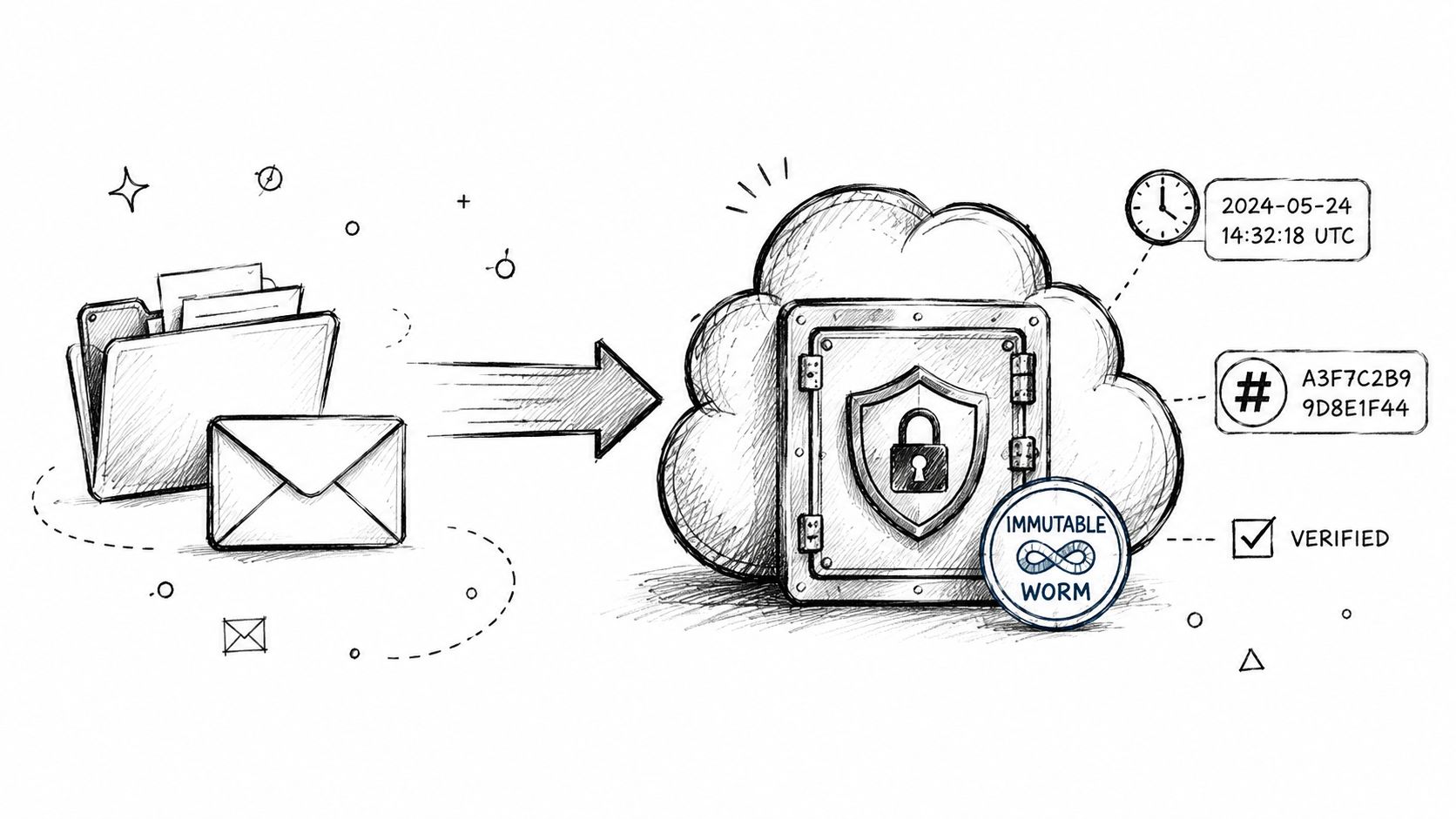 A digital illustration showing documents and an email being securely stored in a protected cloud vault.