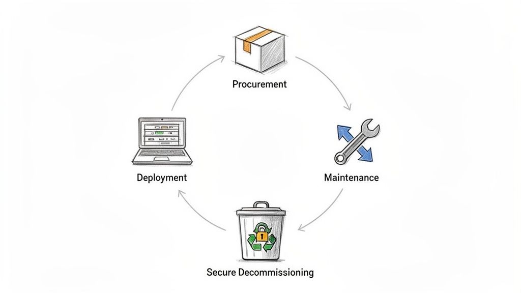 A diagram illustrating the IT asset lifecycle with procurement, maintenance, secure decommissioning, and deployment stages.