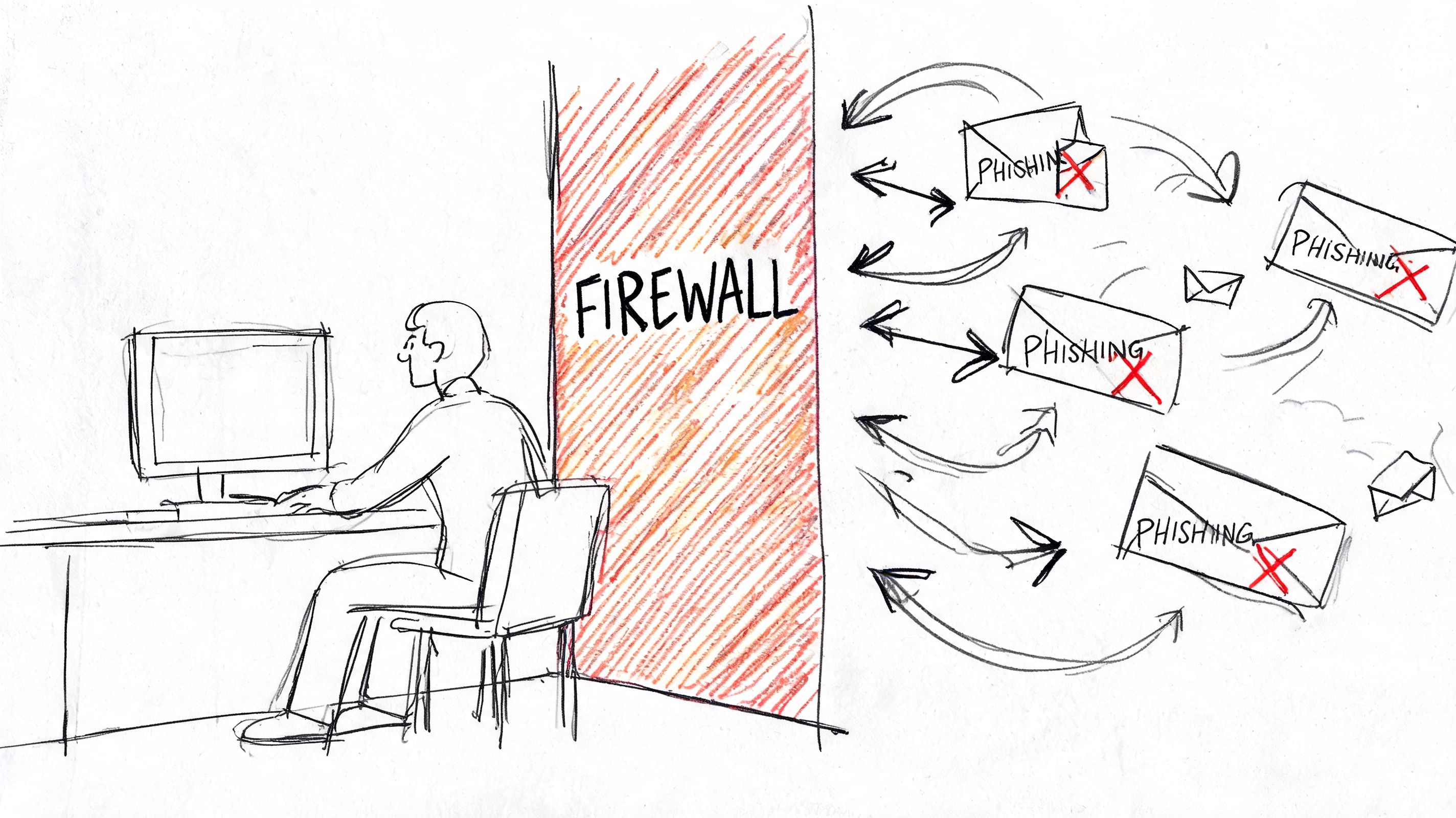 A conceptual sketch illustrating a firewall protecting a user at a computer from incoming phishing email threats.