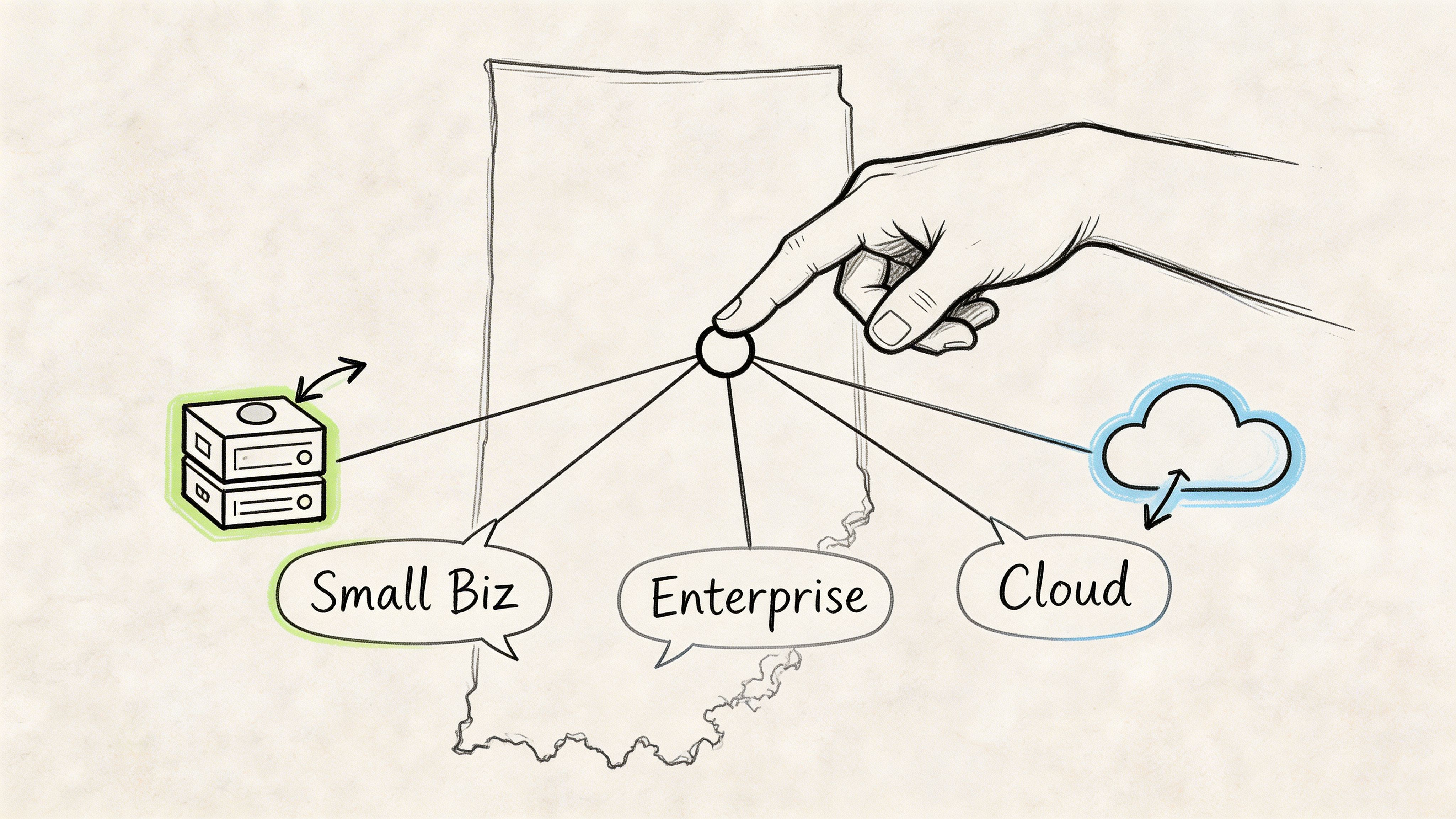 A hand pointing to a central point on a map, connecting servers, small business, enterprise, and cloud services.