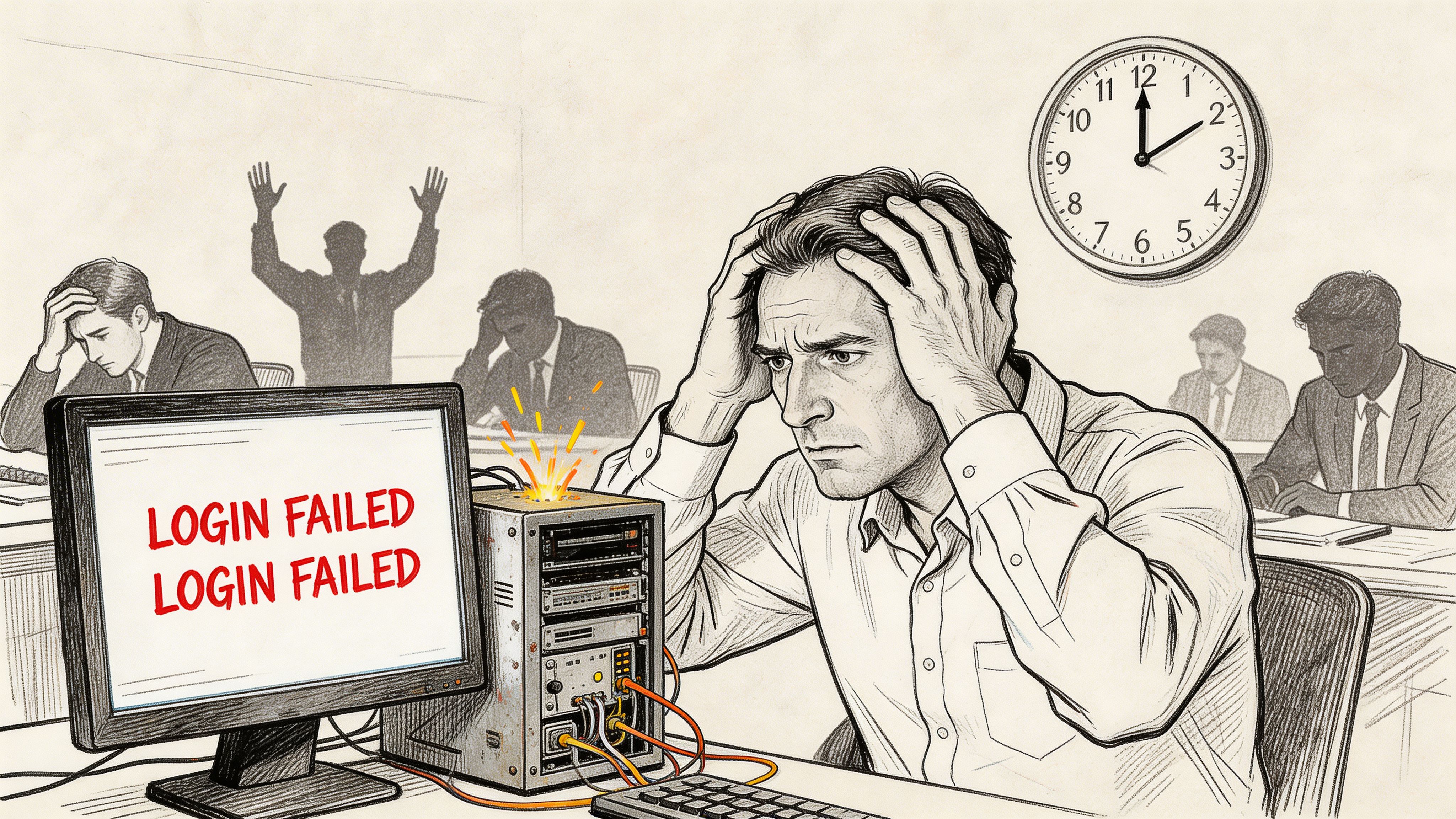 A distressed office worker holding his head while sitting in front of a computer showing login errors.