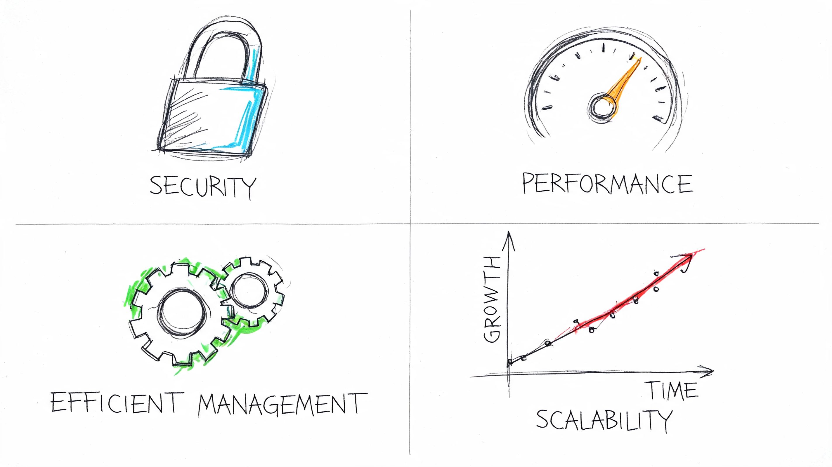 A conceptual illustration featuring four icons representing security, performance, efficient management, and scalability on a white background.