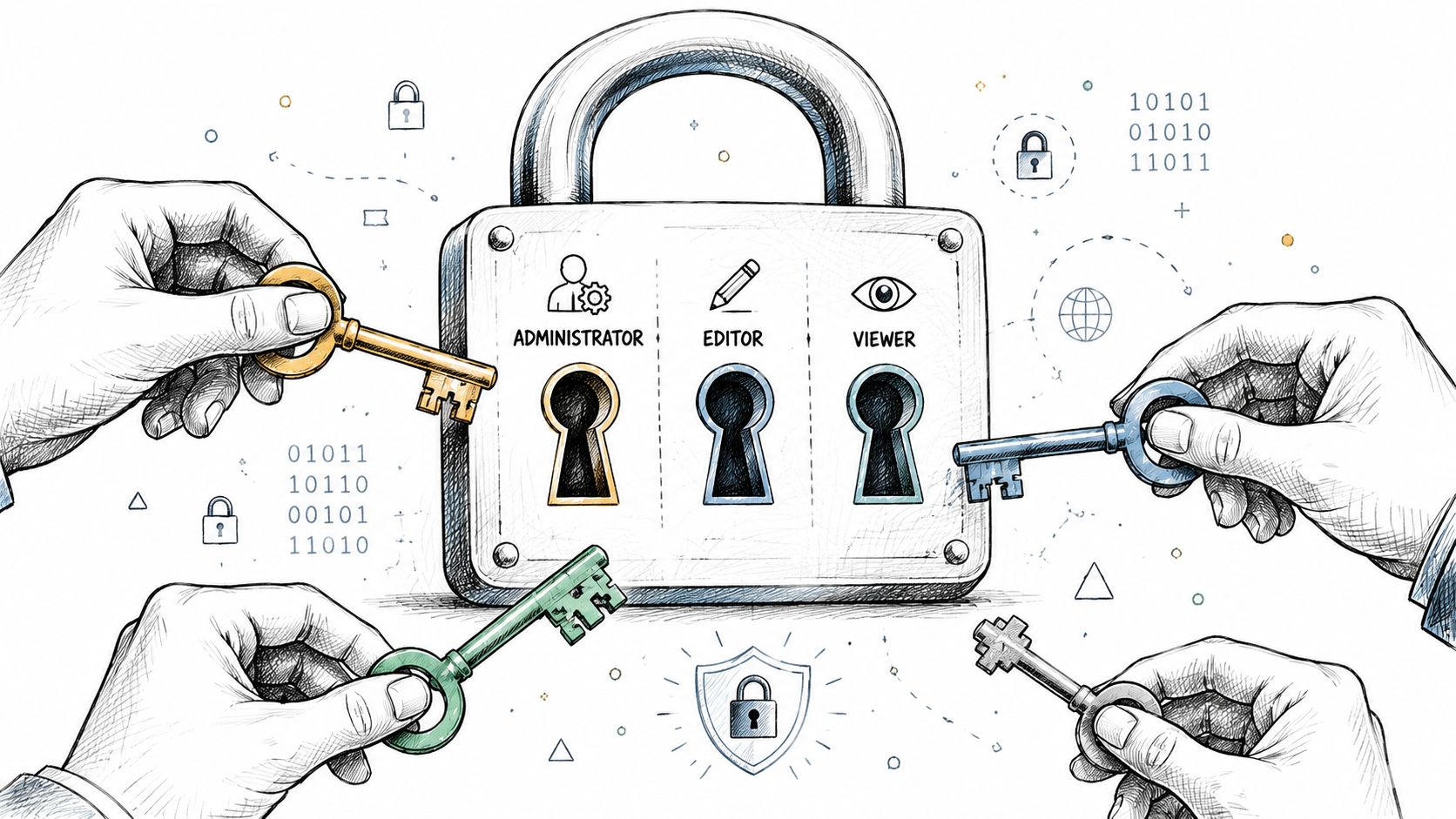 A hand-drawn illustration showing hands holding keys to access different user permission levels on a digital lock.