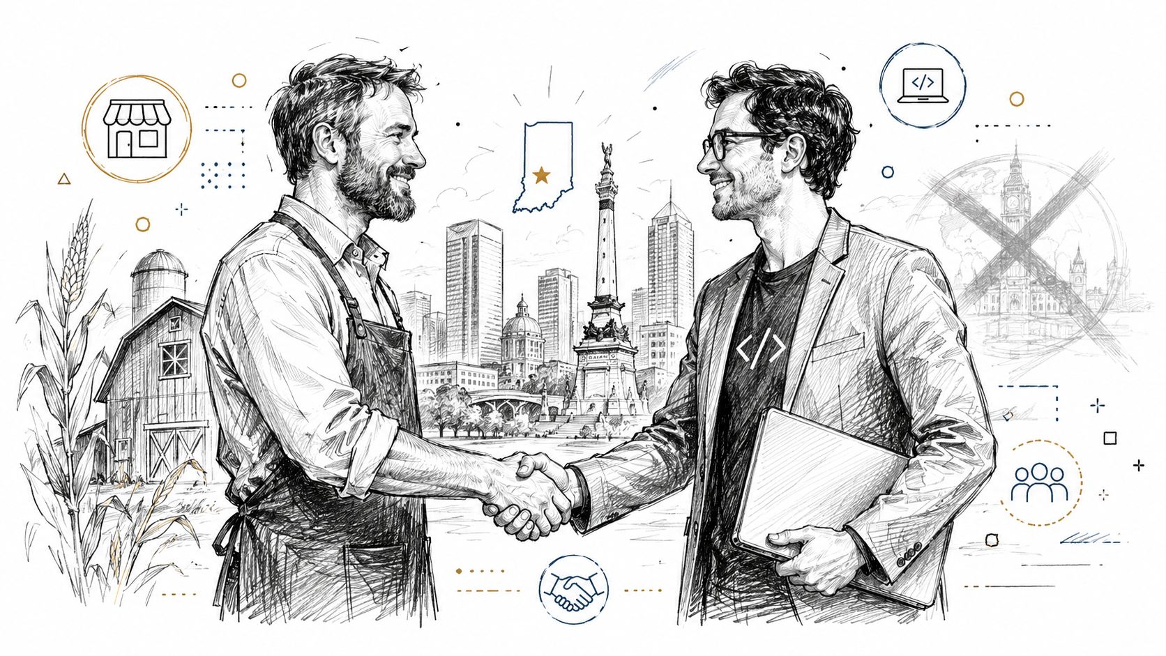 A farmer and a software developer shaking hands with the Indianapolis skyline and rural imagery in background.