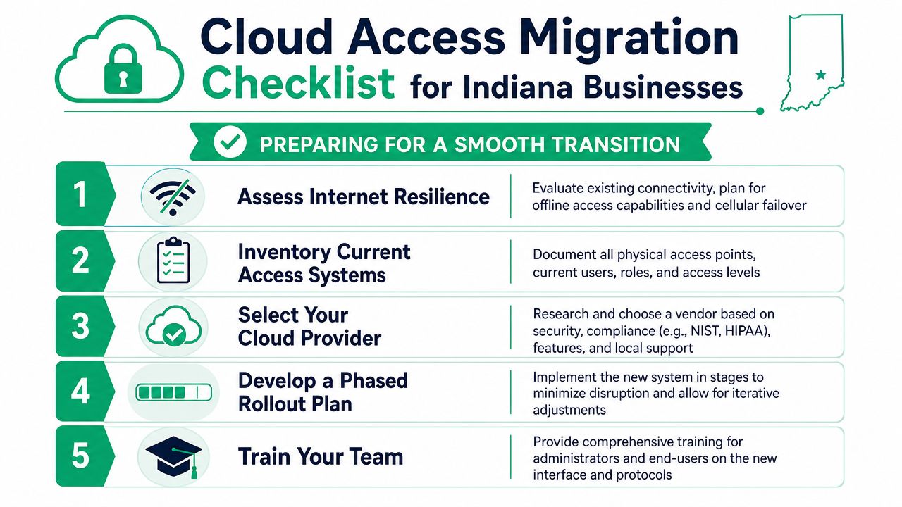 A 5-step checklist infographic for Indiana businesses to follow for a smooth cloud-based access control migration.