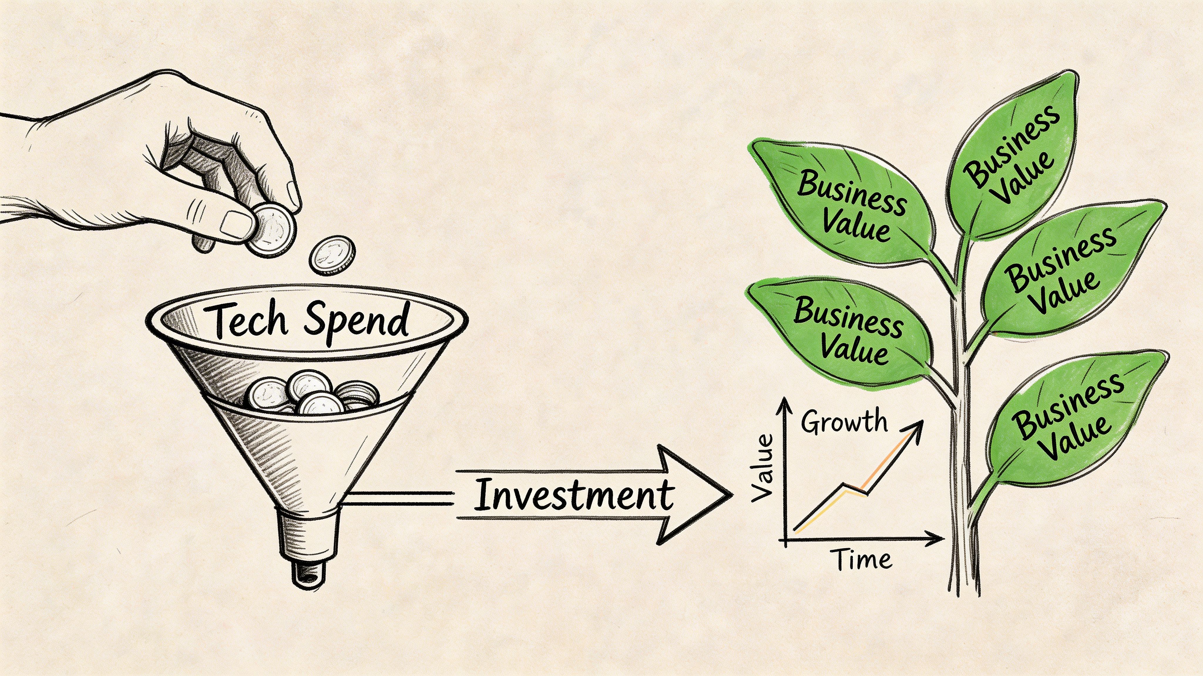 A conceptual diagram showing a hand dropping coins into a Tech Spend funnel, leading to business growth.