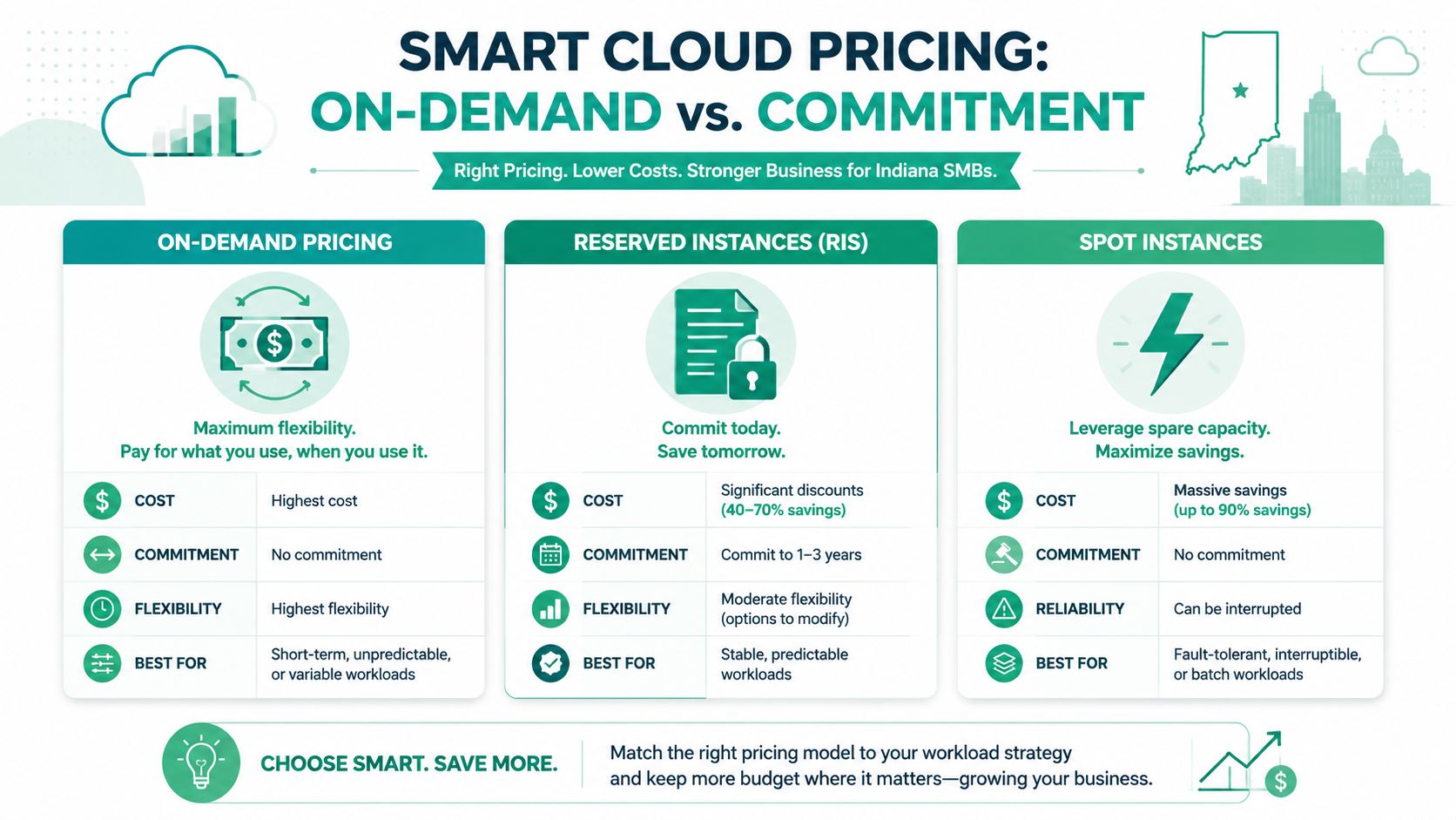A comparison chart explaining cloud pricing models including on-demand, reserved instances, and spot instances for businesses.